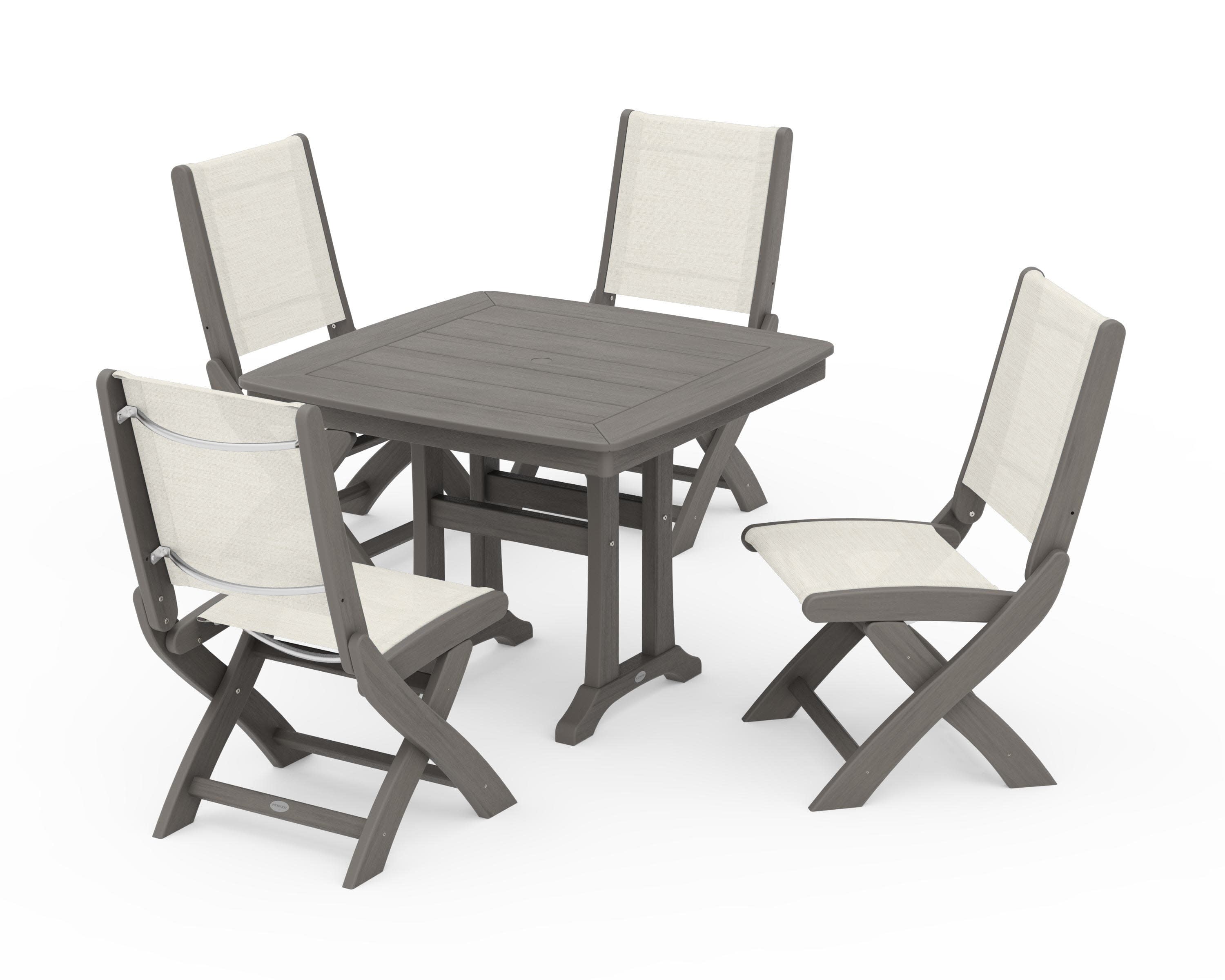 Coastal Folding Side Chair 5-Piece Dining Set with Trestle Legs in Driftwood / Parchment Sling