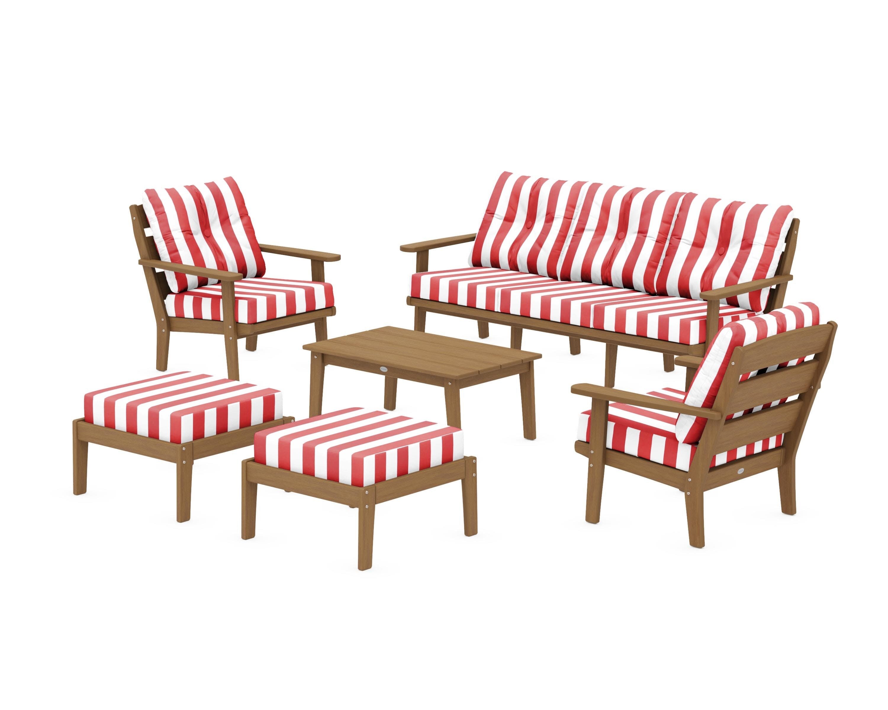 Lakeside 6-Piece Lounge Sofa Set in Natural / Cabana Stripe Crimson