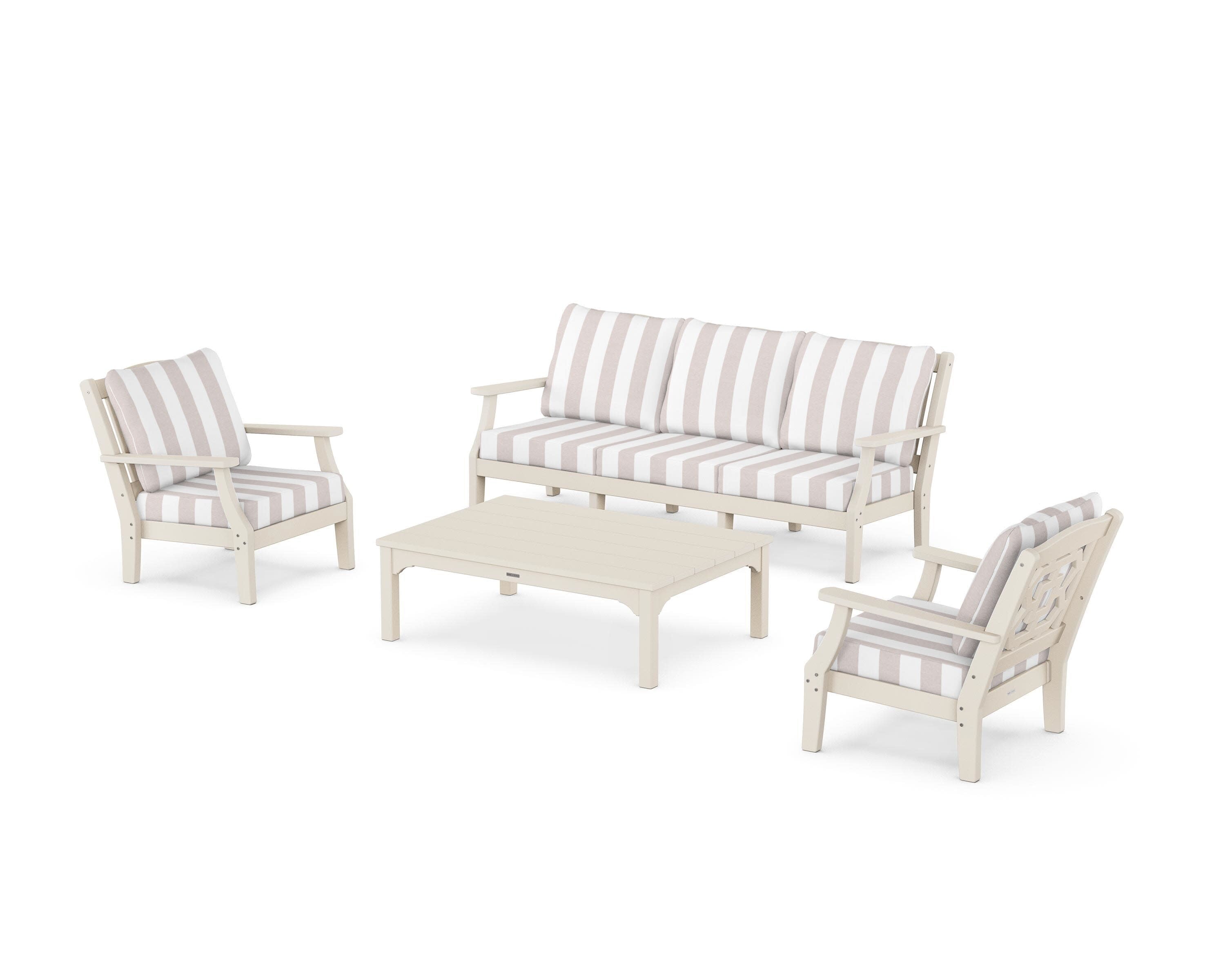 Chinoiserie 4-Piece Deep Seating Set with Sofa in Sand / Cabana Stripe Dune Burlap