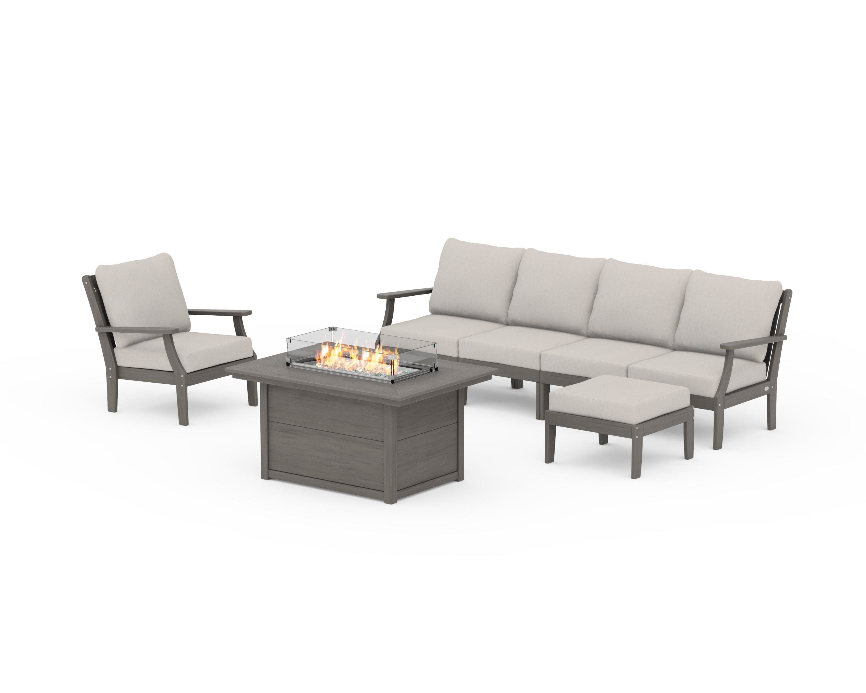 Braxton Sectional Lounge and Fire Pit Set in Driftwood / Cast Ash