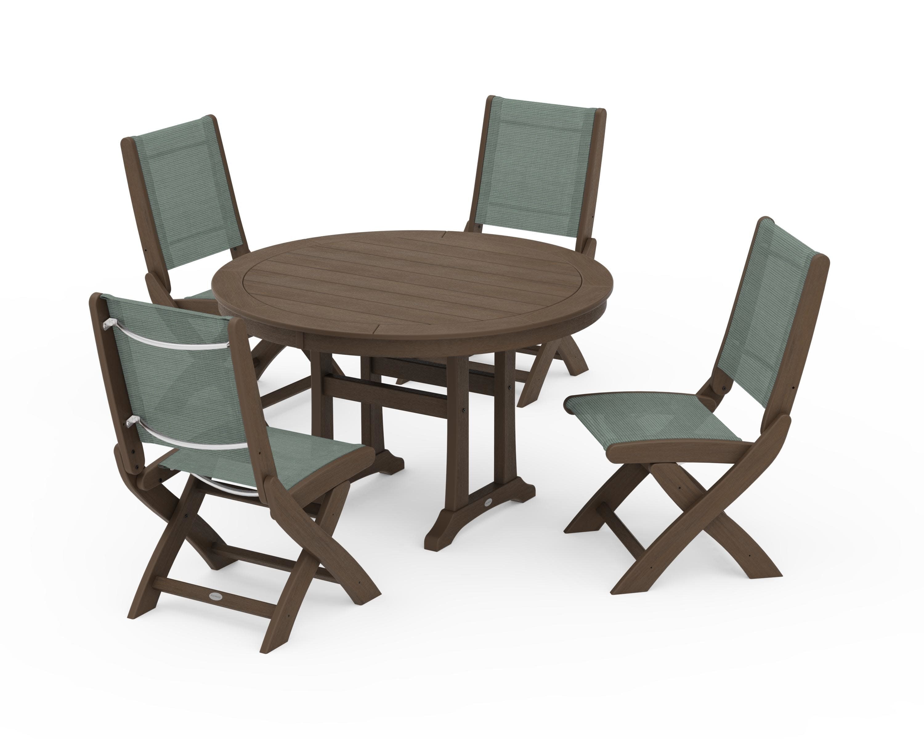 Coastal Folding Side Chair 5-Piece Round Dining Set With Trestle Legs in Kona / Dupioni Sea Mist Sling