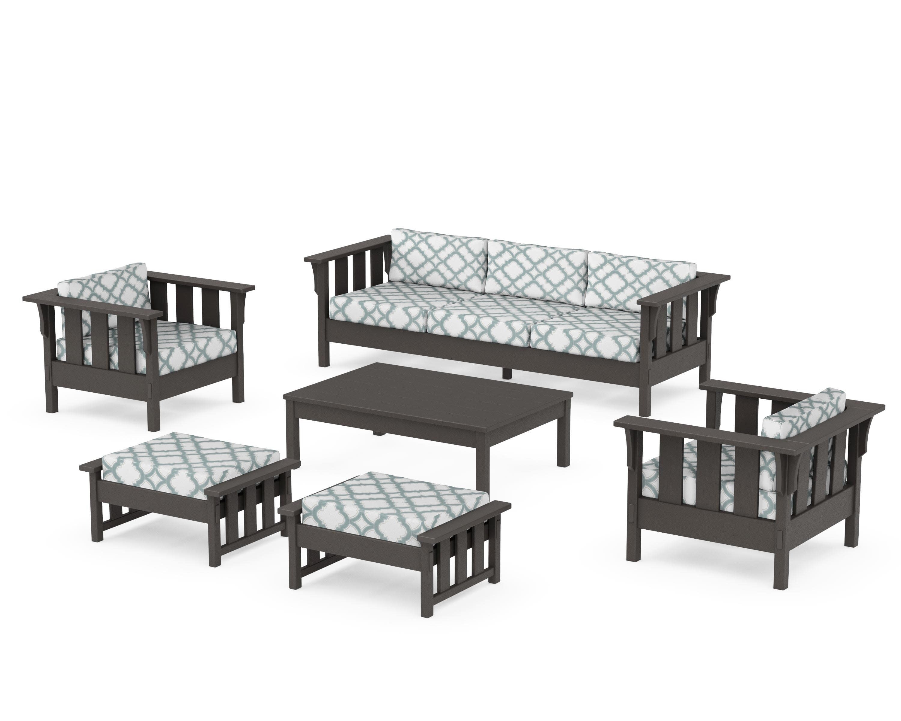 Acadia 6-Piece Lounge Sofa Set in Vintage Coffee / Trellis Glacier Spa
