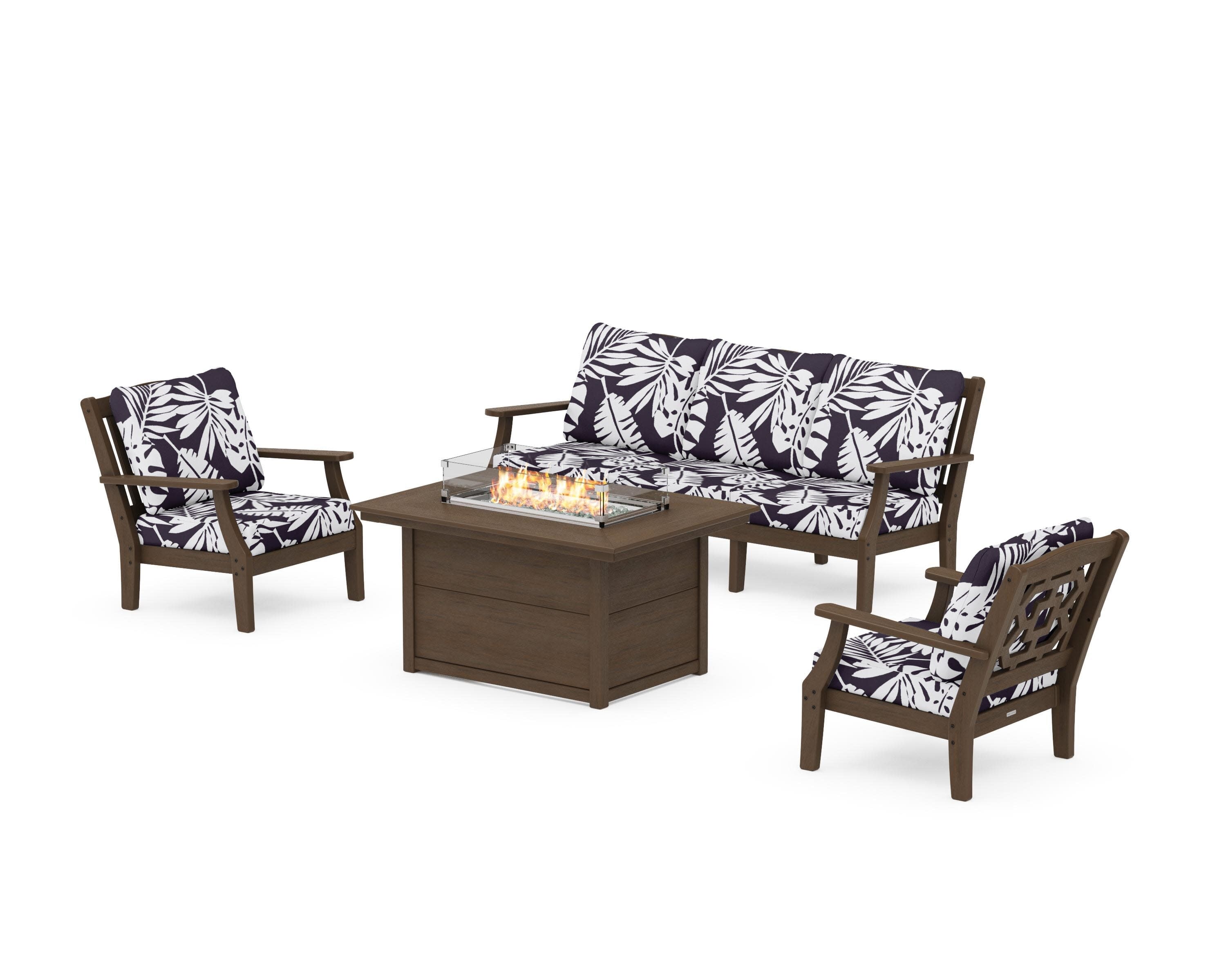 Chinoiserie Deep Seating Fire Pit Table Set in Kona / Leaf Navy