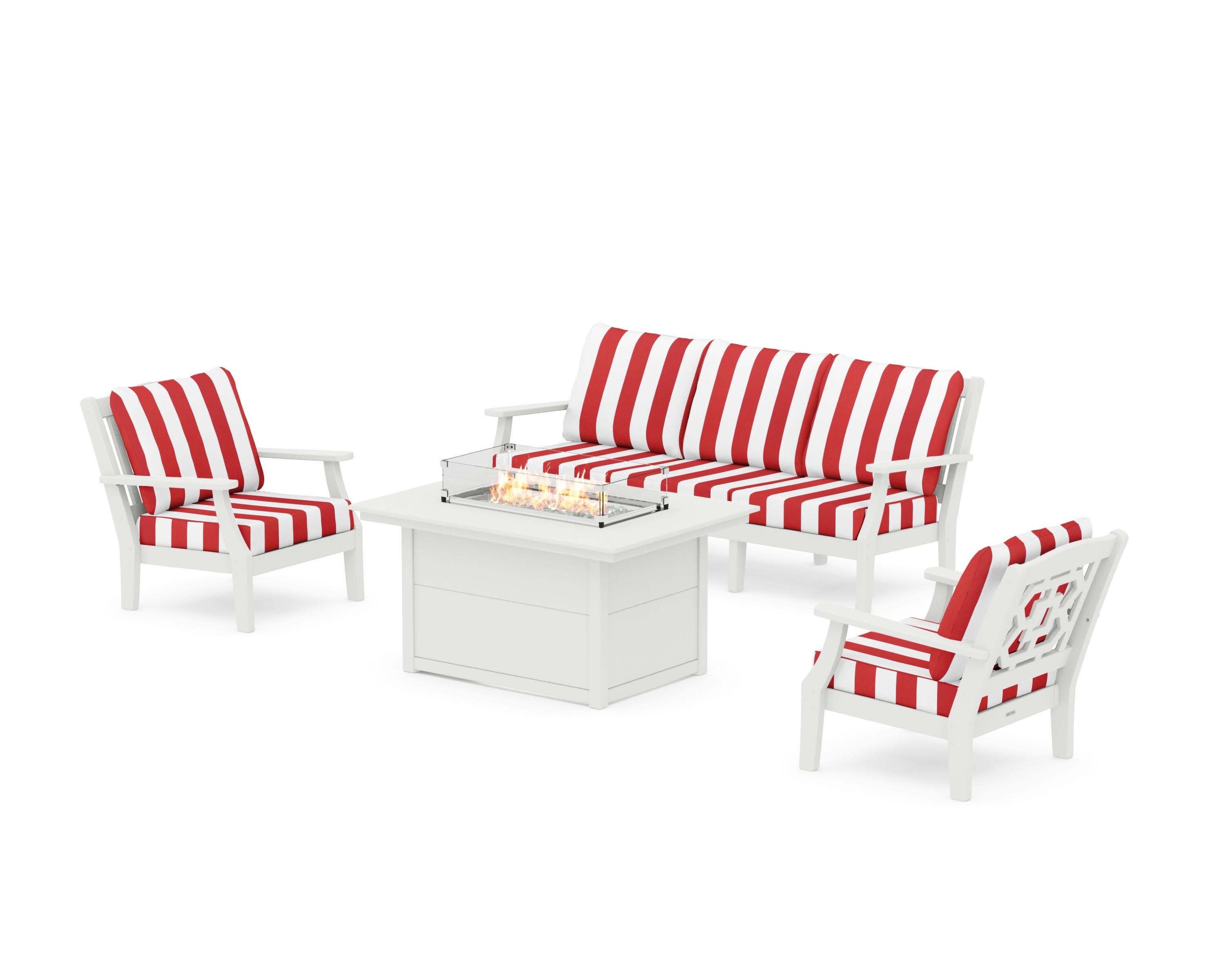 Chinoiserie Deep Seating Fire Pit Table Set in Vintage White / Cabana Stripe Crimson
