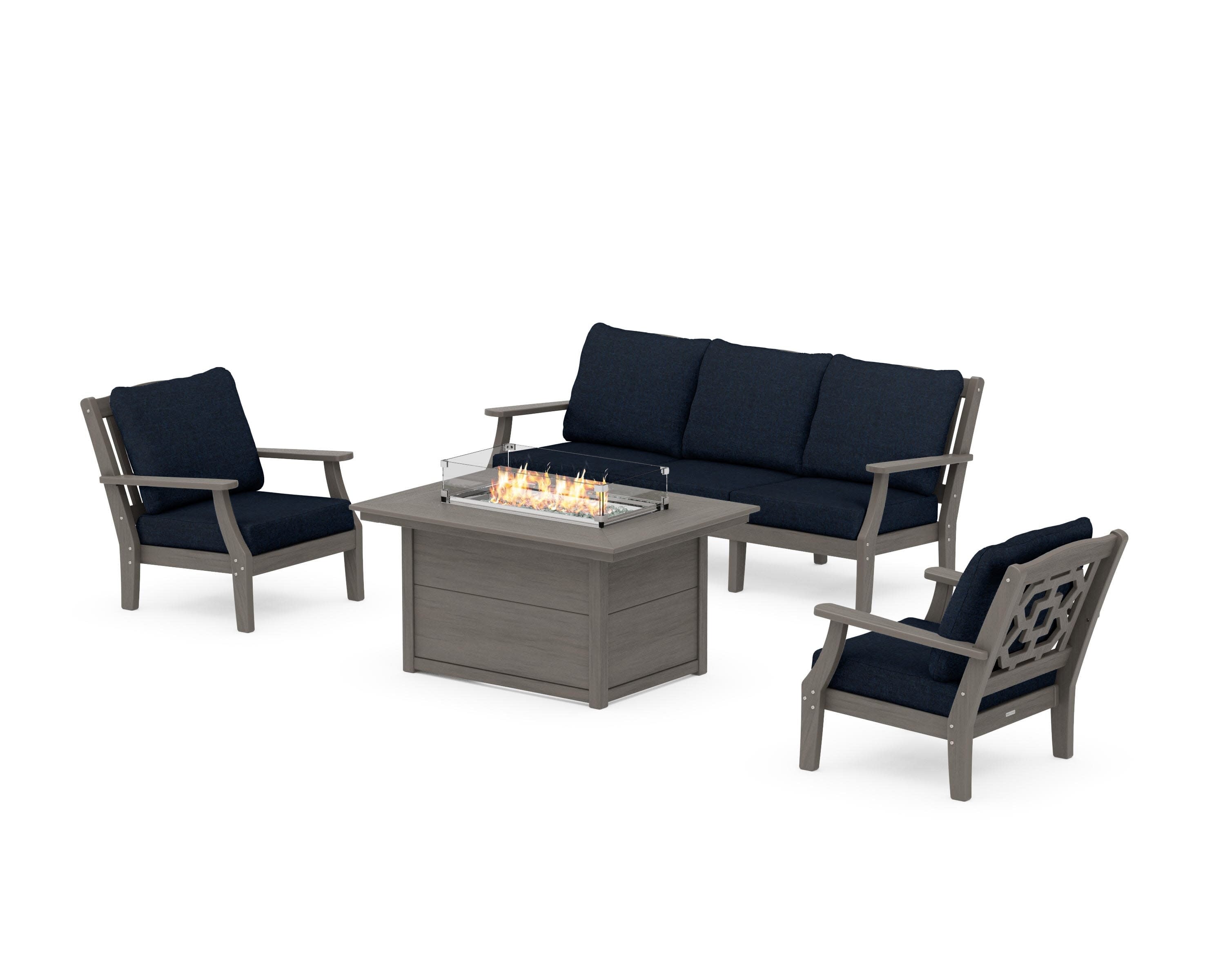 Chinoiserie Deep Seating Fire Pit Table Set in Driftwood / Marine Indigo