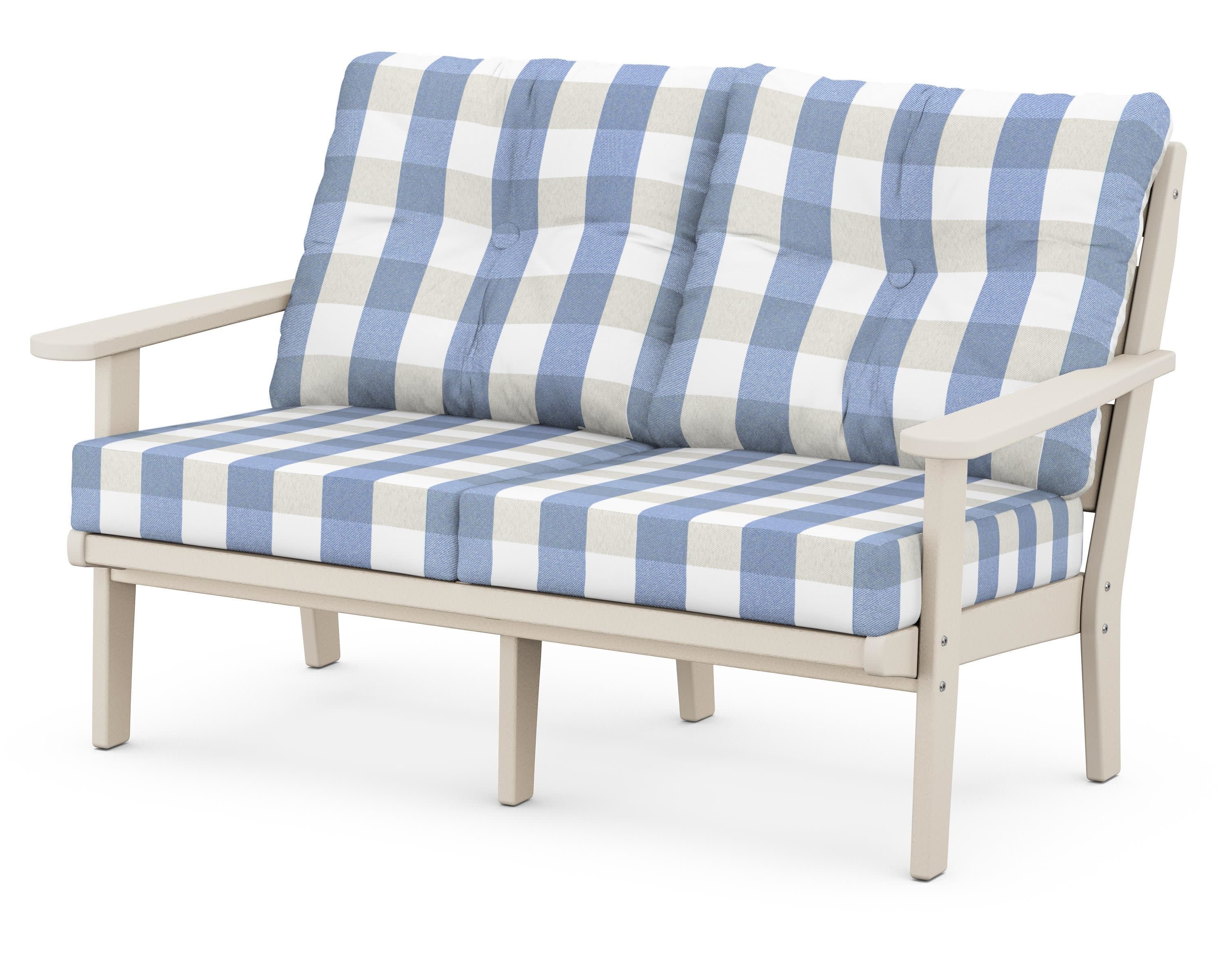 Lakeside Deep Seating Loveseat in Sand / Buffalo Plaid Sky Blue