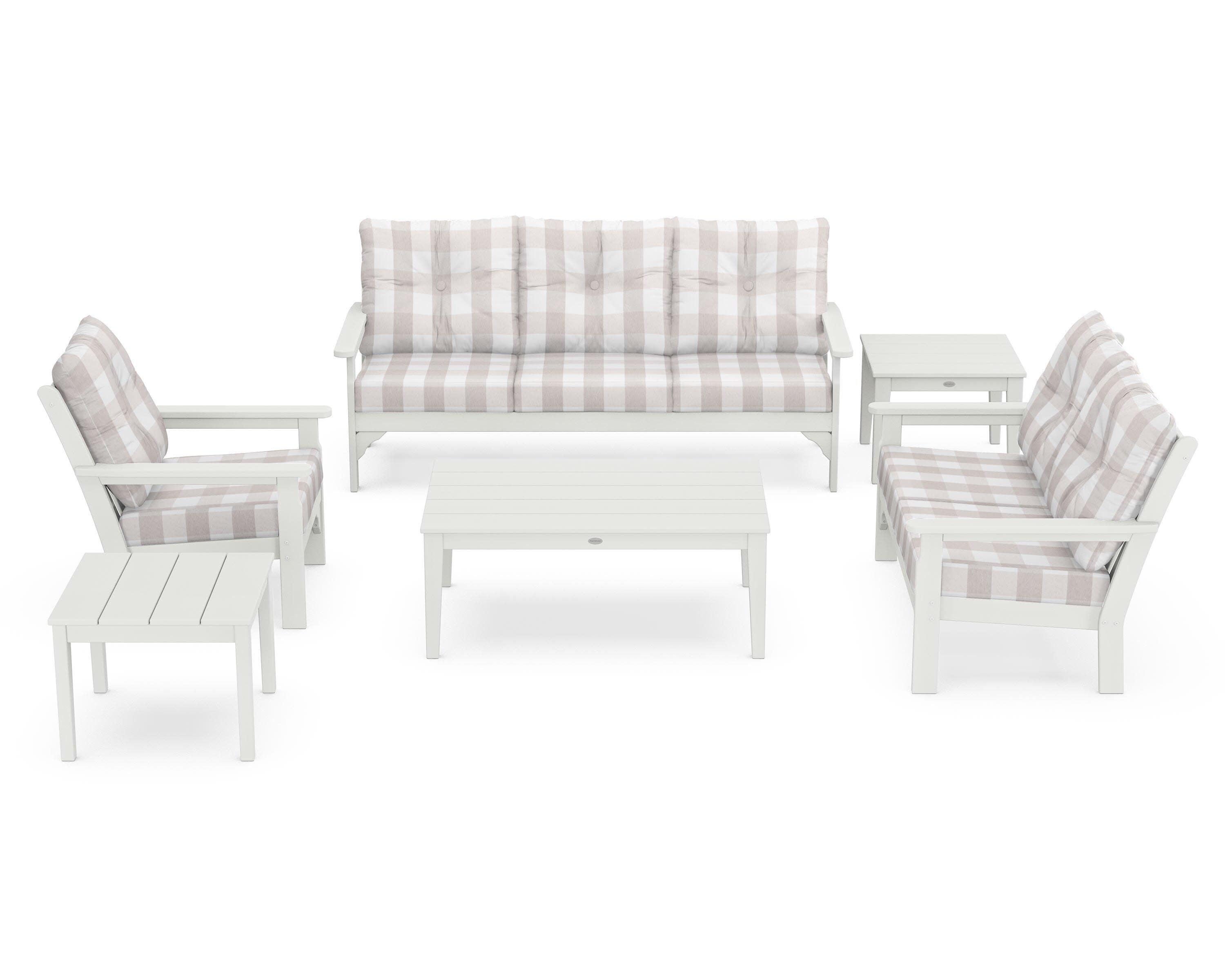 Vineyard 6-Piece Deep Seating Set in Vintage White / Buffalo Plaid Dune Burlap