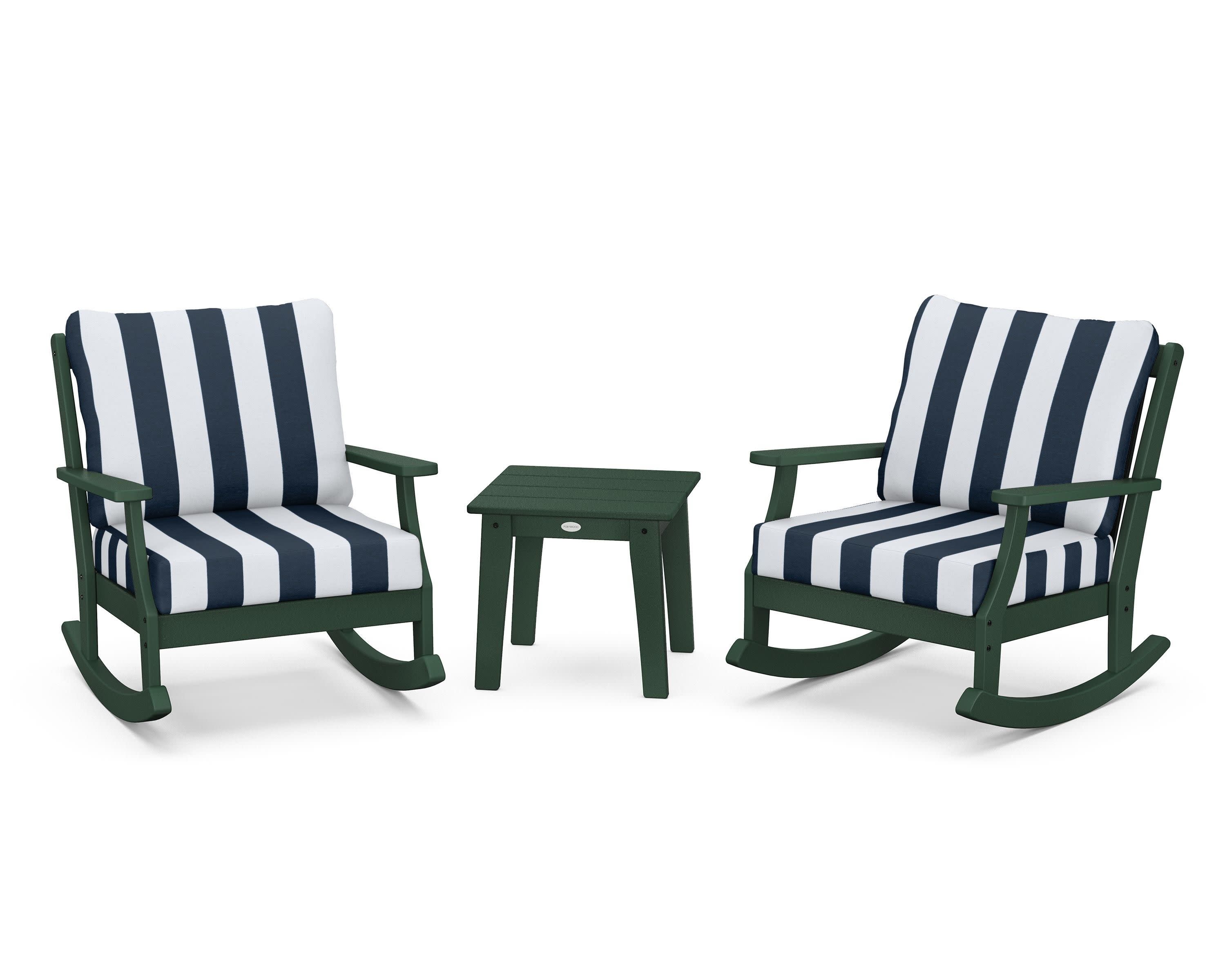 Braxton 3-Piece Deep Seating Rocker Set in Green / Cabana Stripe Marine Indigo