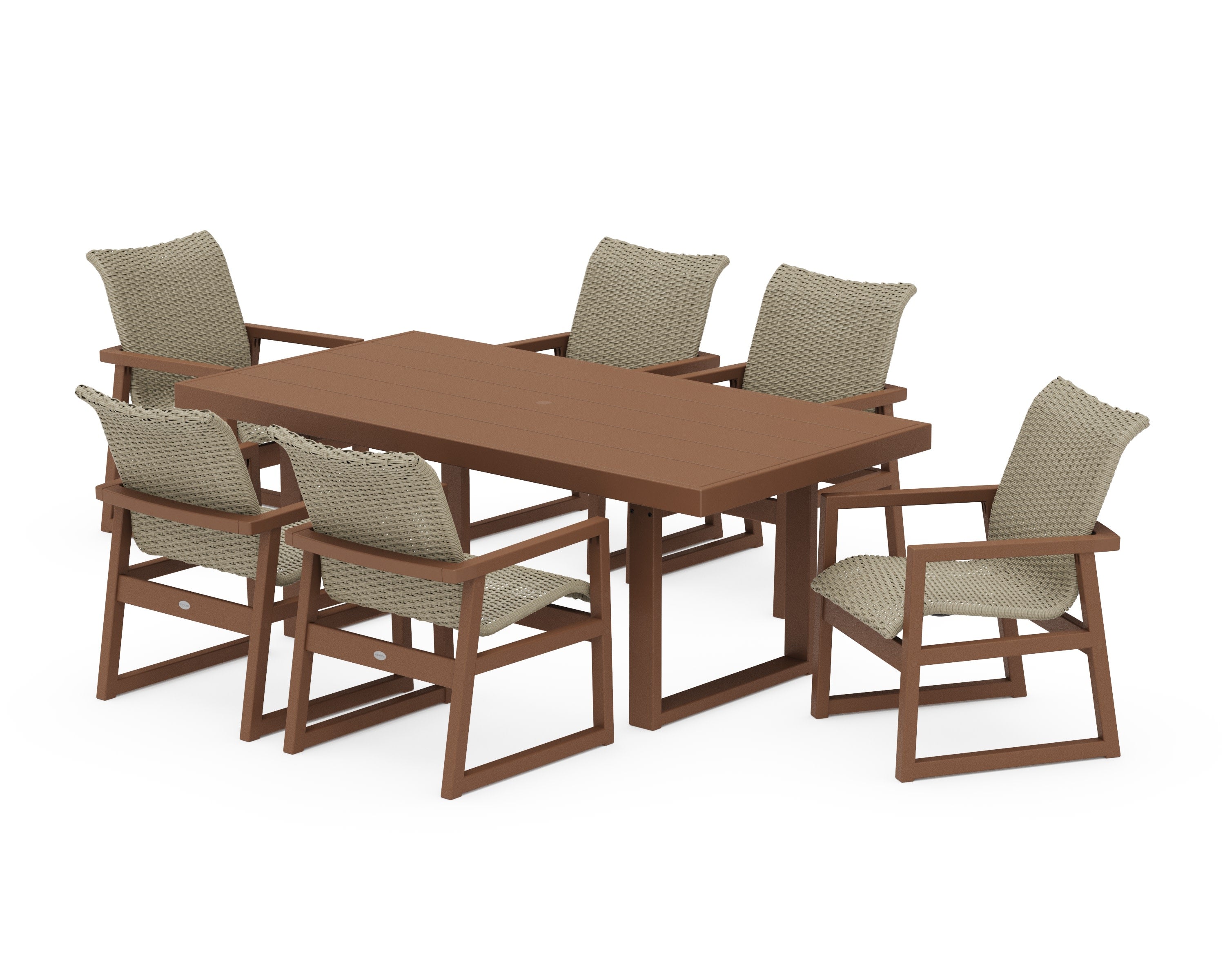 EDGE Woven Arm Chair 7-Piece Dining Set in Teak / Dune Grass