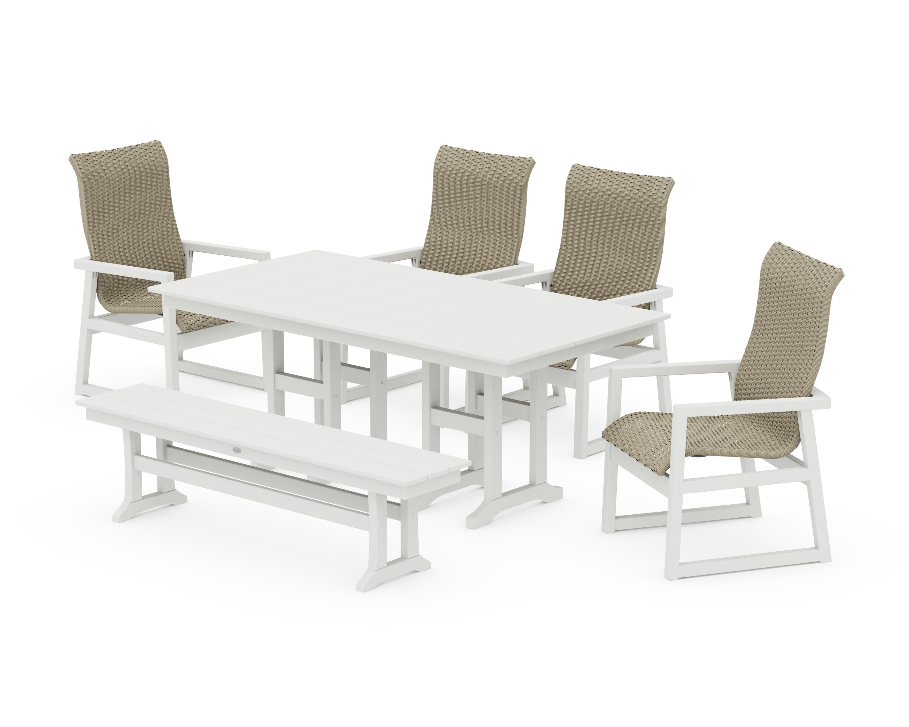 EDGE Woven Highback 6-Piece Farmhouse Dining Set with Bench in White / Dune Grass