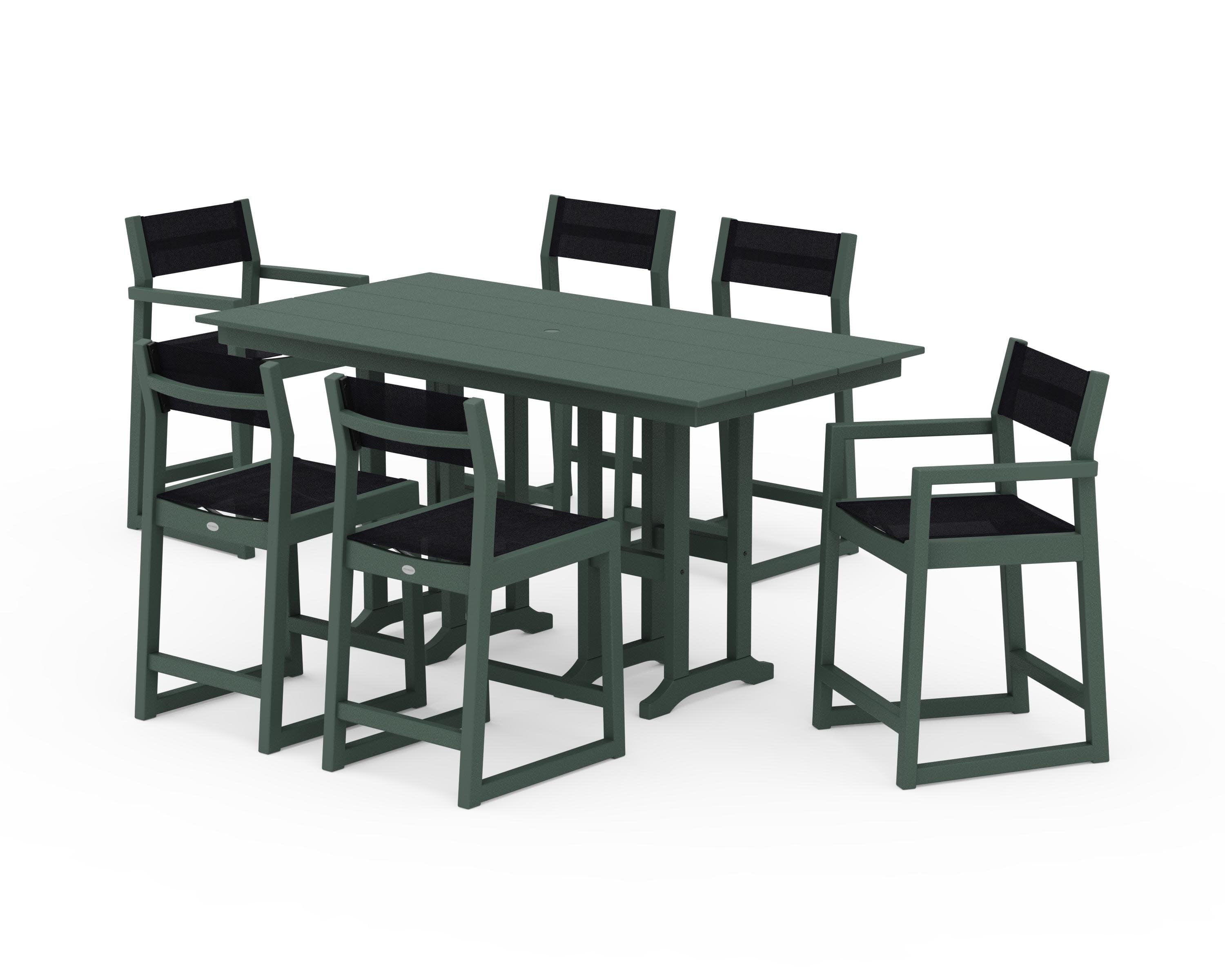 EDGE Sling 7-Piece Farmhouse Counter Set with Trestle Legs in Green / Black Sling