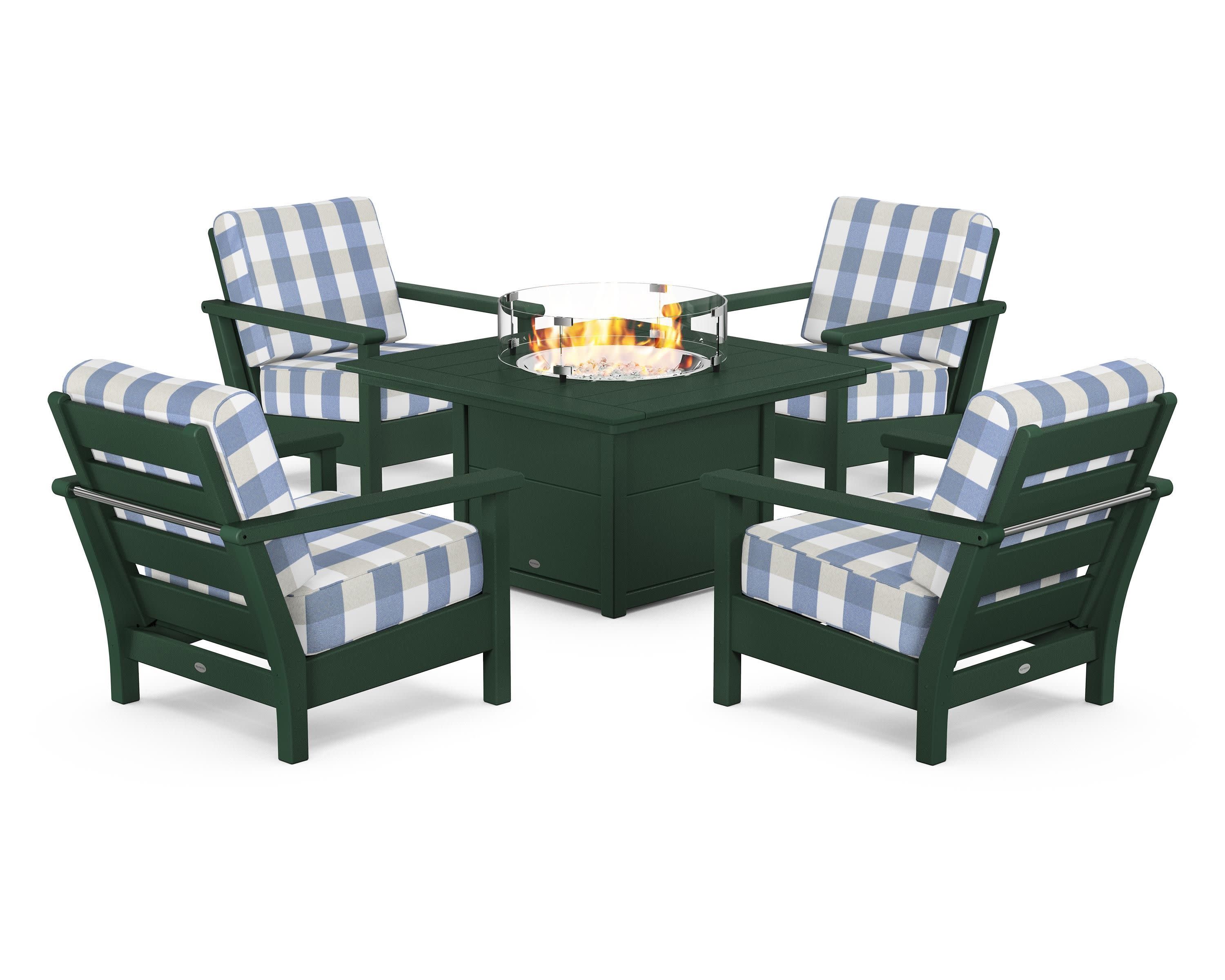 Harbour 5-Piece Conversation Set with Fire Pit Table in Green / Buffalo Plaid Sky Blue
