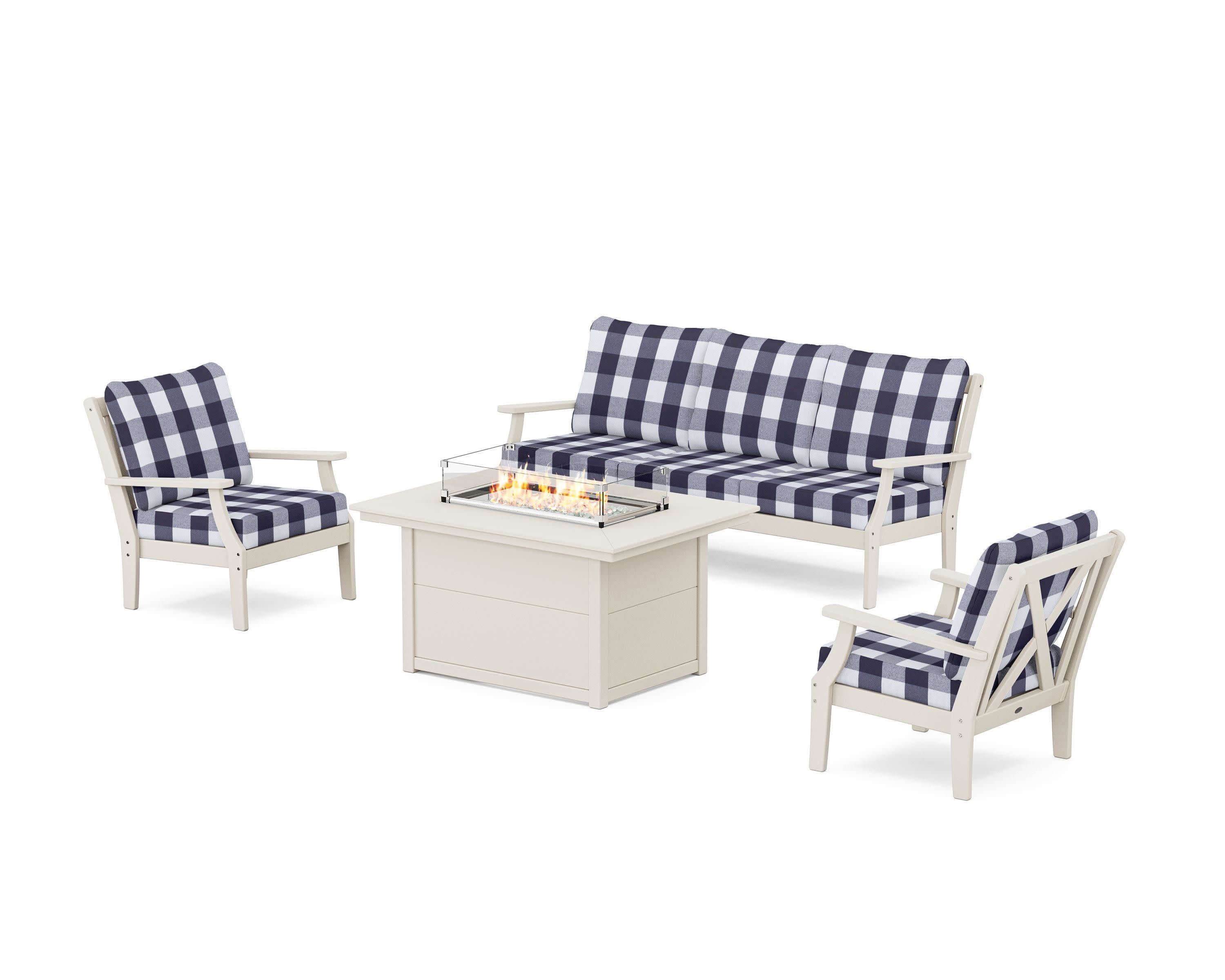 Braxton Deep Seating Fire Pit Table Set in Sand / Buffalo Plaid Navy