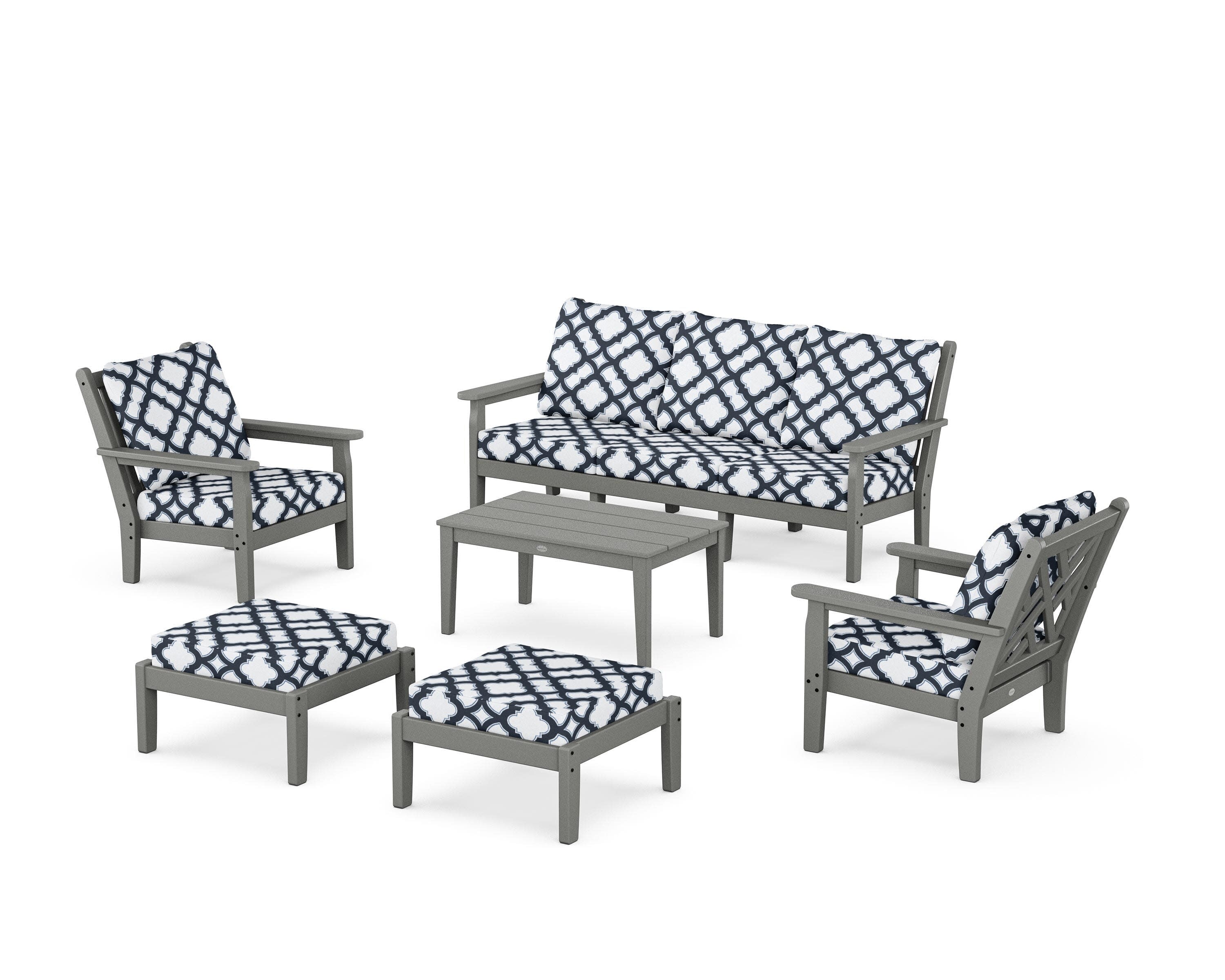 Chippendale 6-Piece Lounge Sofa Set in Slate Grey / Trellis Marine Indigo