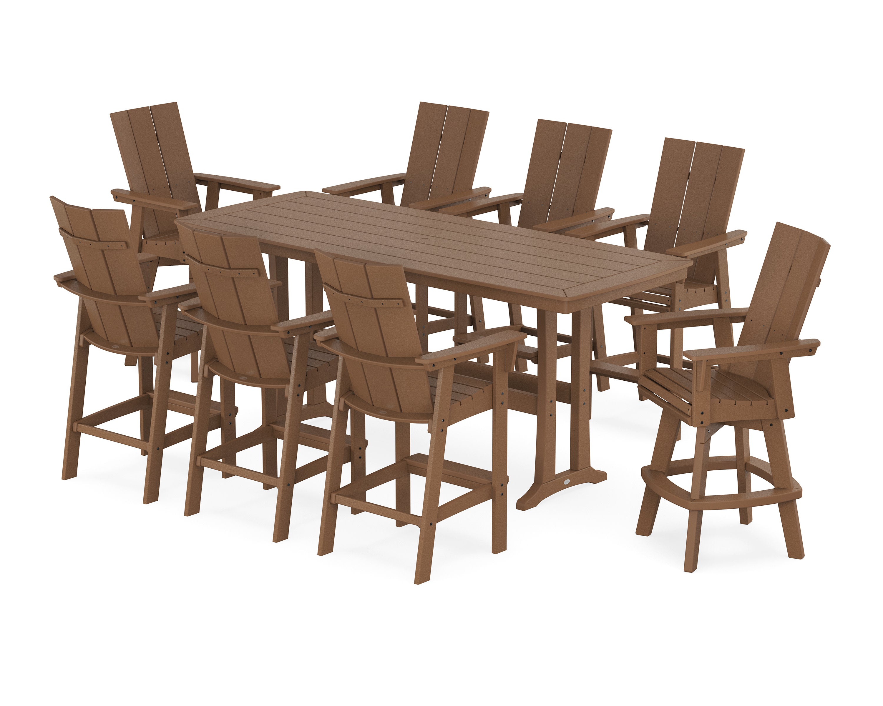 Modern Curveback Adirondack Swivel 9-Piece Bar Set with Trestle Legs in Teak