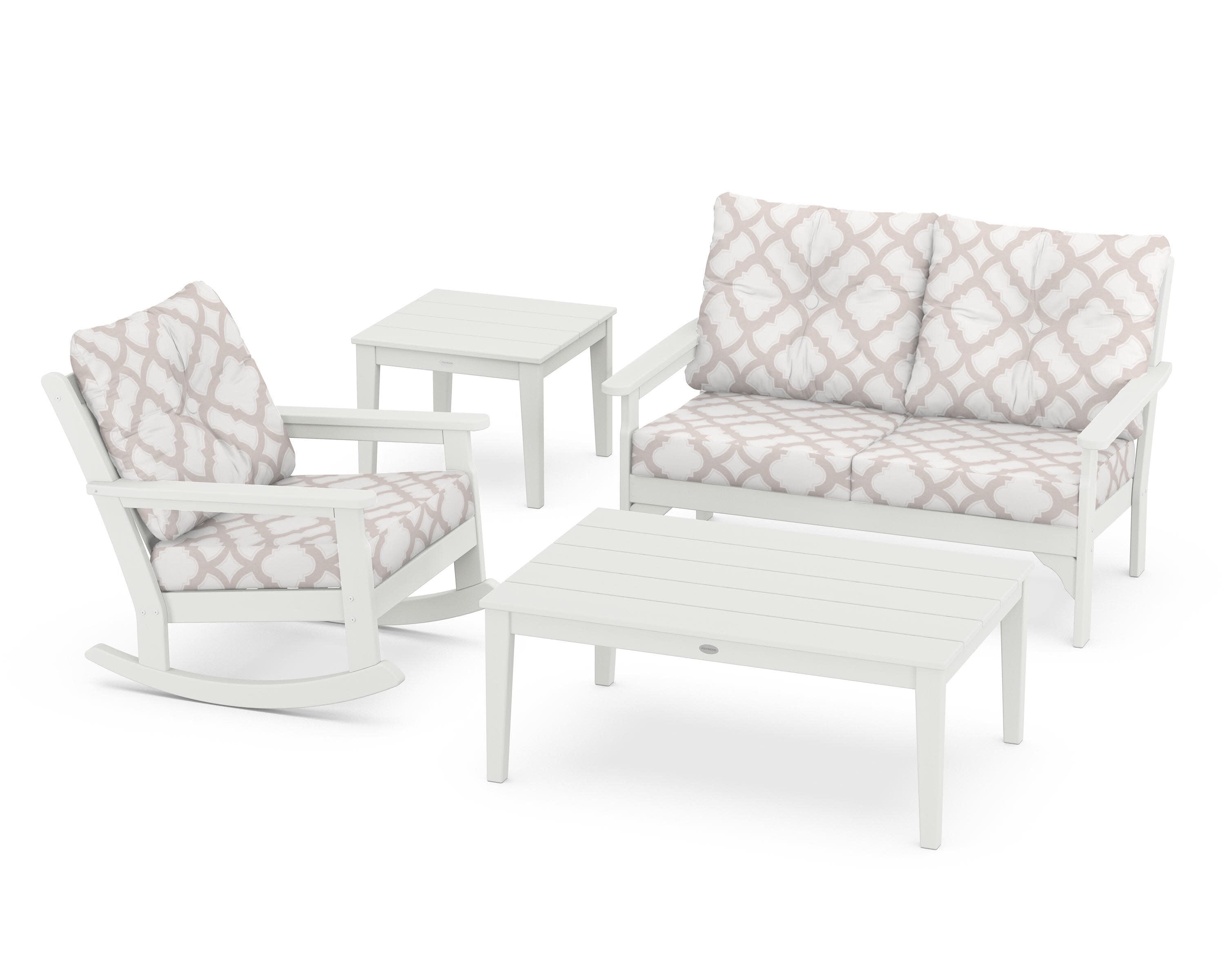 Vineyard 4-Piece Deep Seating Rocker Set in Vintage White / Trellis Dune Burlap