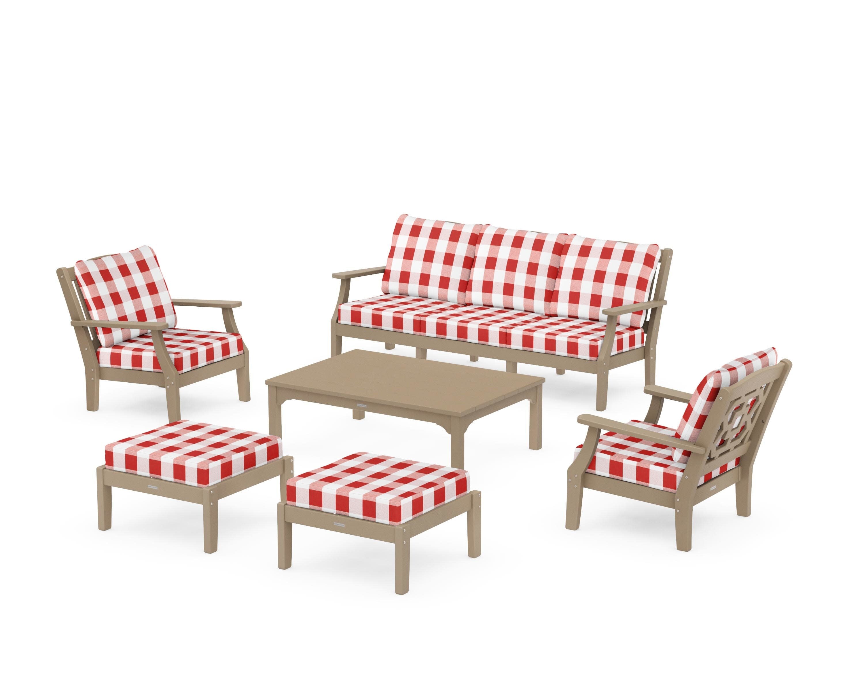 Chinoiserie 6-Piece Lounge Sofa Set in Vintage Sahara / Buffalo Plaid Crimson