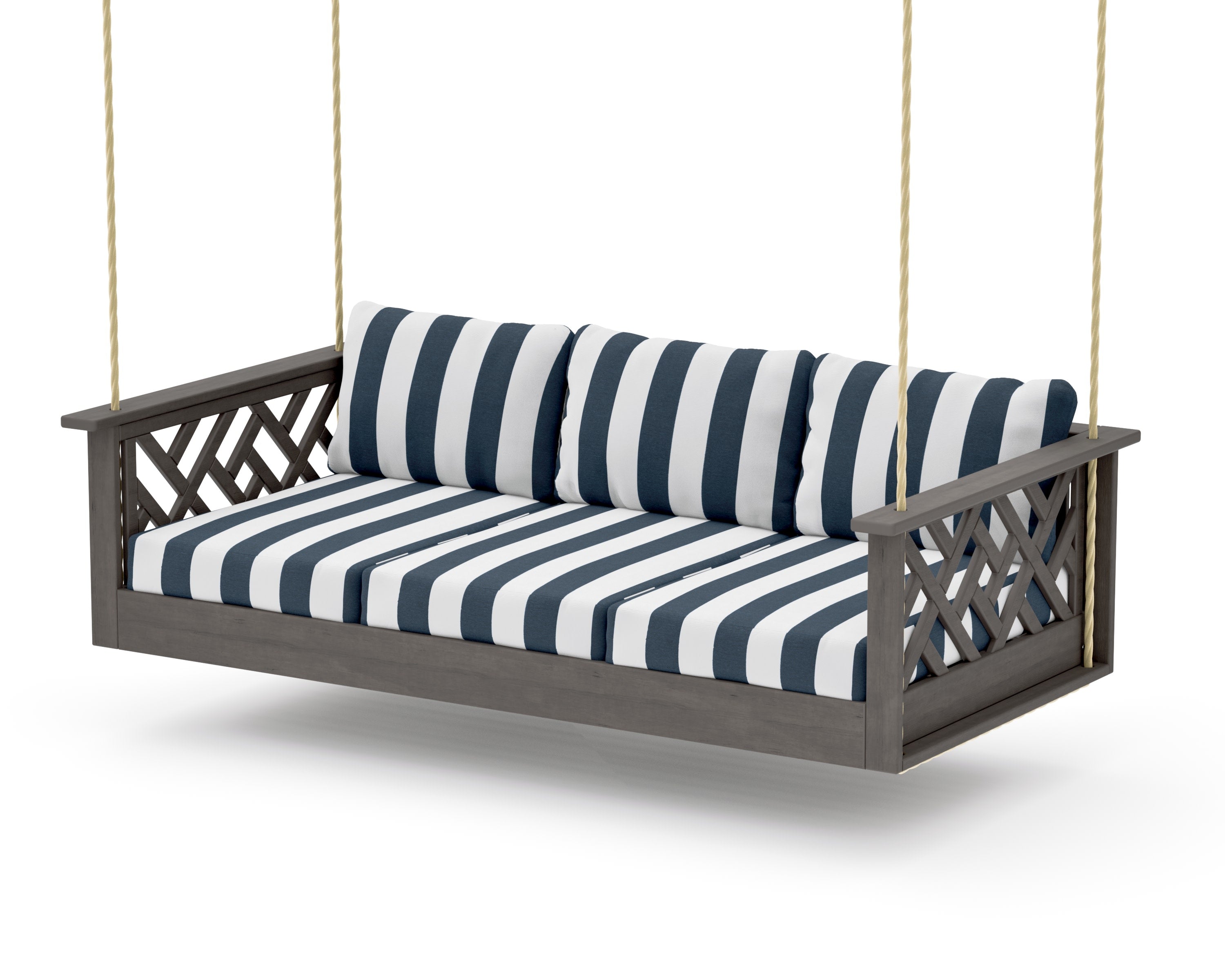 Chippendale Daybed Swing in Driftwood / Cabana Stripe Marine Indigo