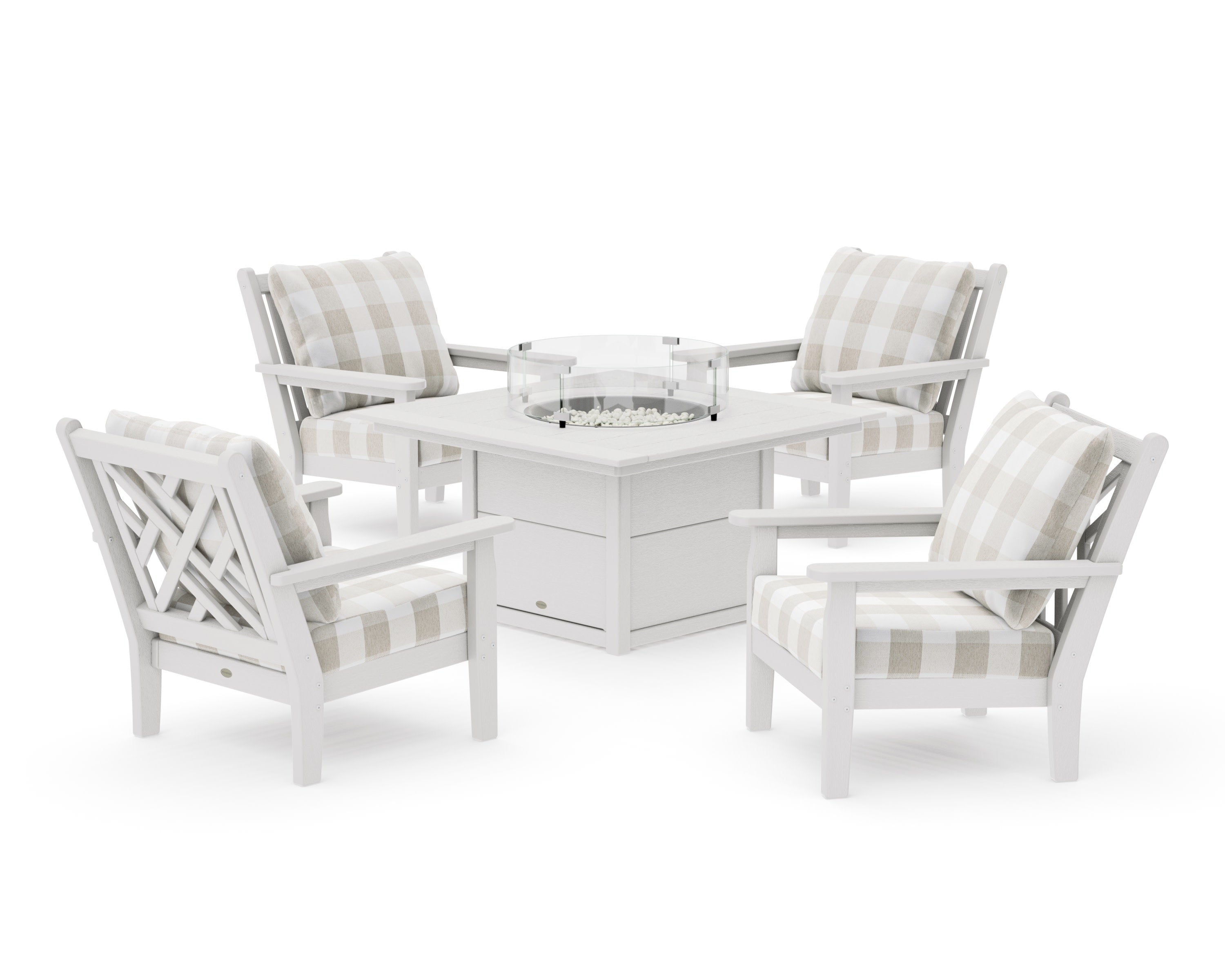Chippendale 5-Piece Deep Seating Set with Fire Pit Table in Vintage White / Buffalo Plaid Dune Burlap
