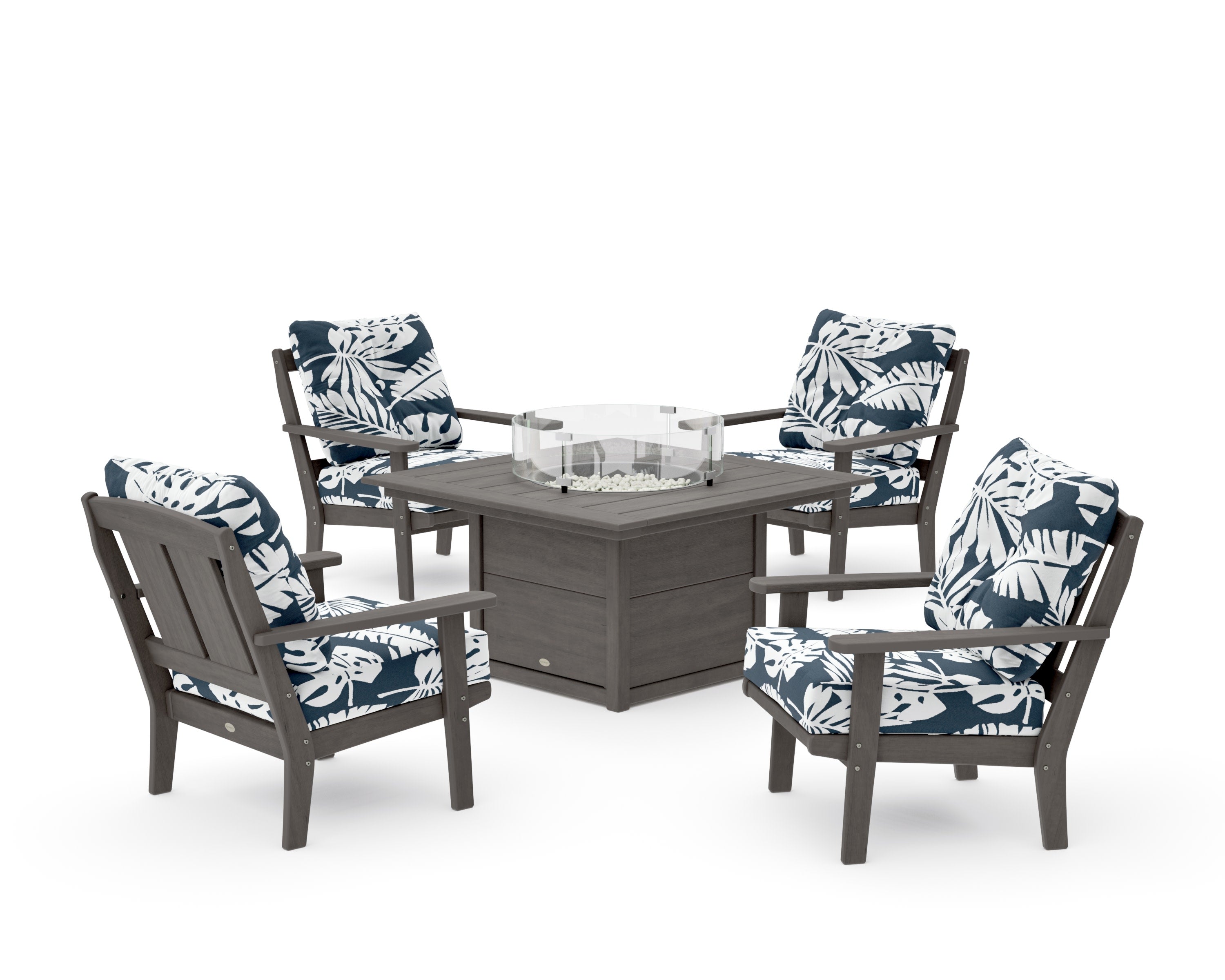 Mission 5-Piece Deep Seating Set with Fire Pit Table in Driftwood / Leaf Marine Indigo