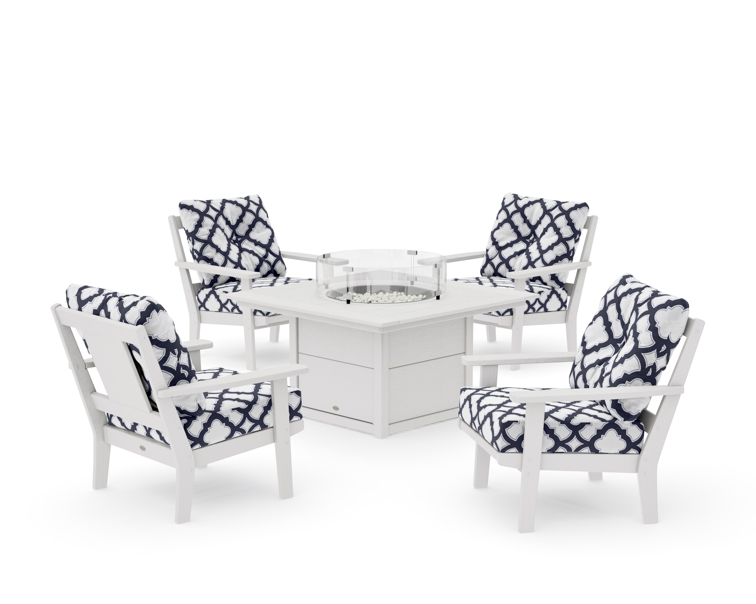 Prairie 5-Piece Deep Seating Set with Fire Pit Table in Vintage White / Trellis Navy