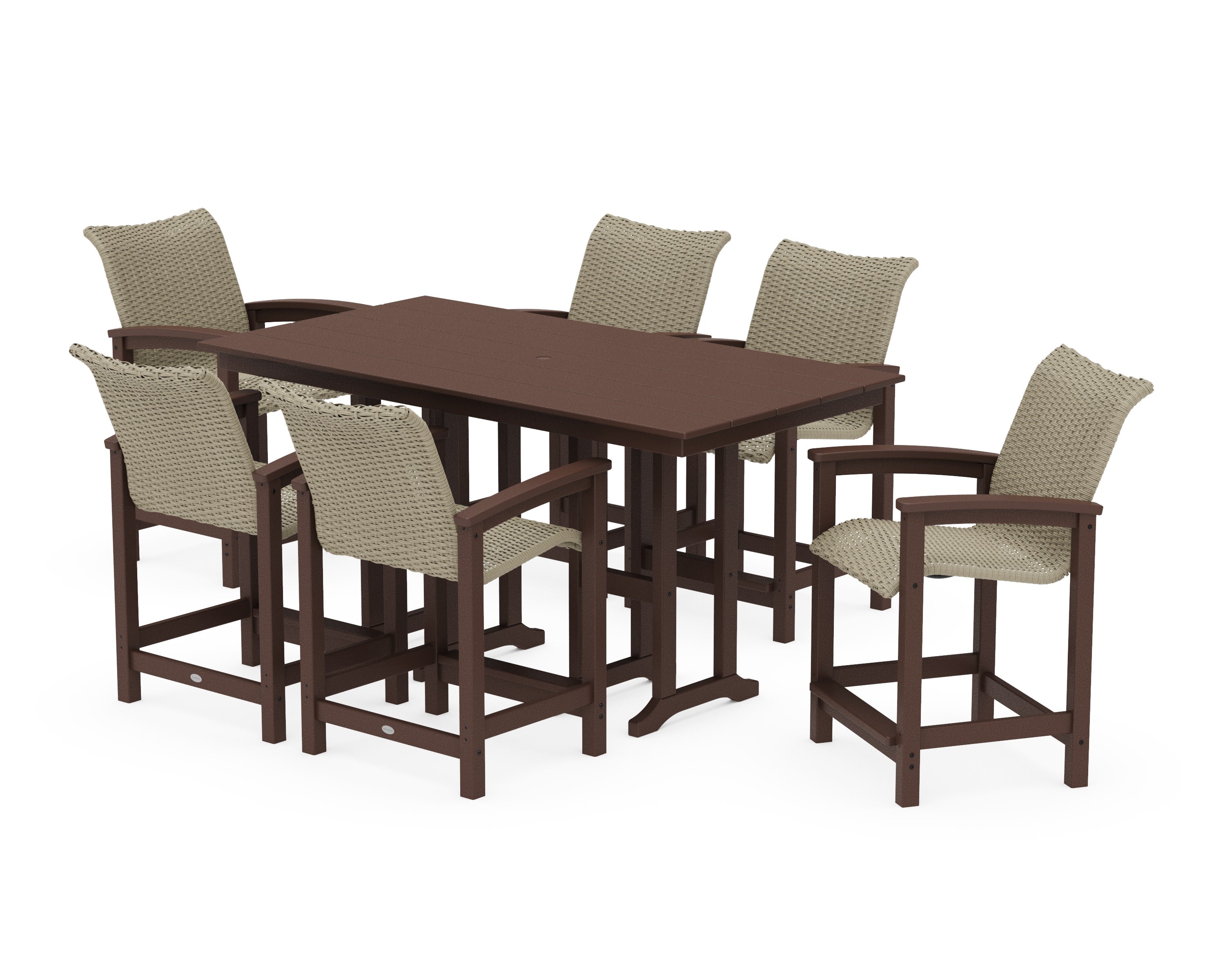 Coastal Woven Arm Chair 7-Piece Farmhouse Counter Set in Mahogany / Dune Grass