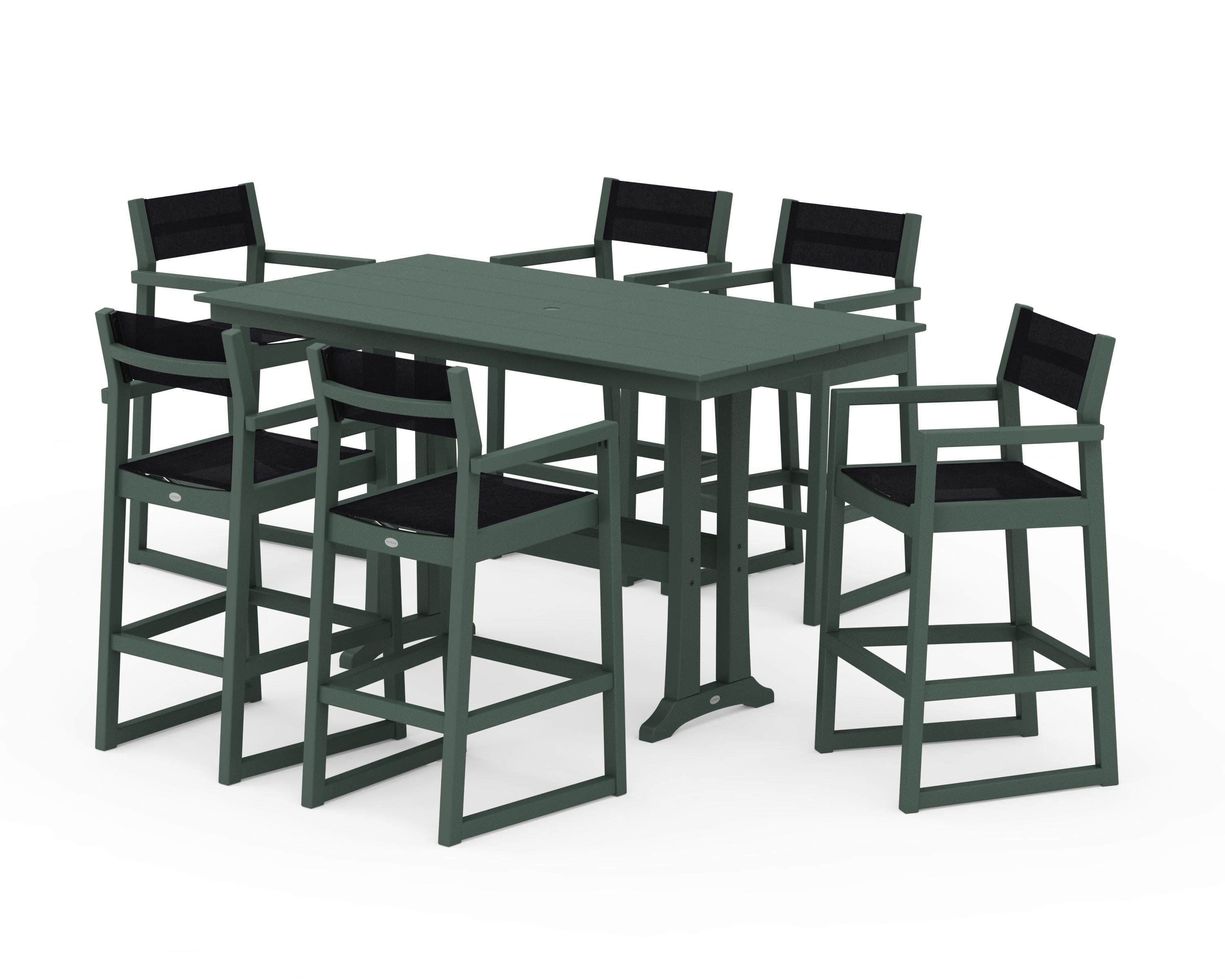 EDGE Sling Arm Chair 7-Piece Farmhouse Bar Set with Trestle Legs in Green / Black Sling