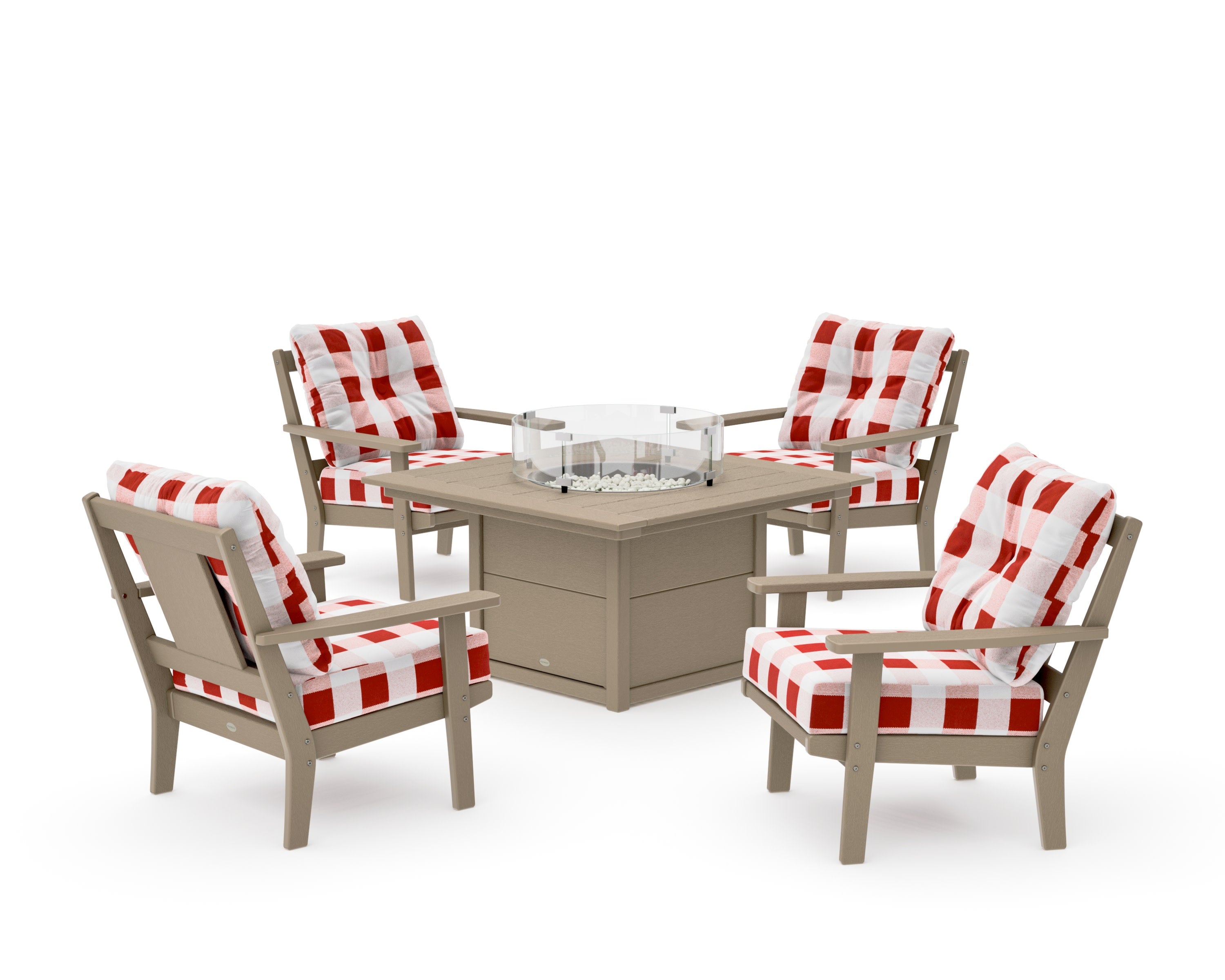 Prairie 5-Piece Deep Seating Set with Fire Pit Table in Vintage Sahara / Buffalo Plaid Crimson