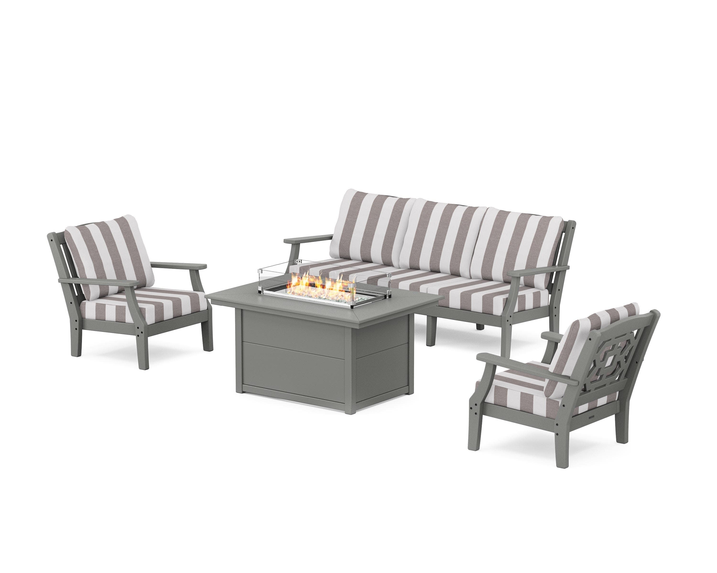 Chinoiserie Deep Seating Fire Pit Table Set in Slate Grey / Cabana Stripe Grey Mist