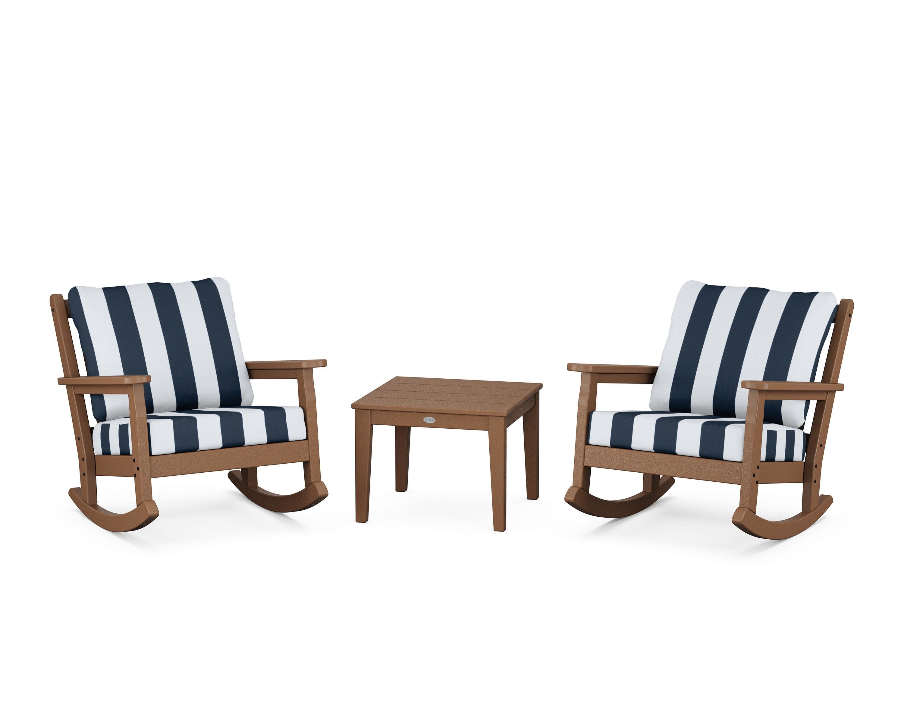 Chippendale 3-Piece Deep Seating Rocker Set in Teak / Cabana Stripe Marine Indigo