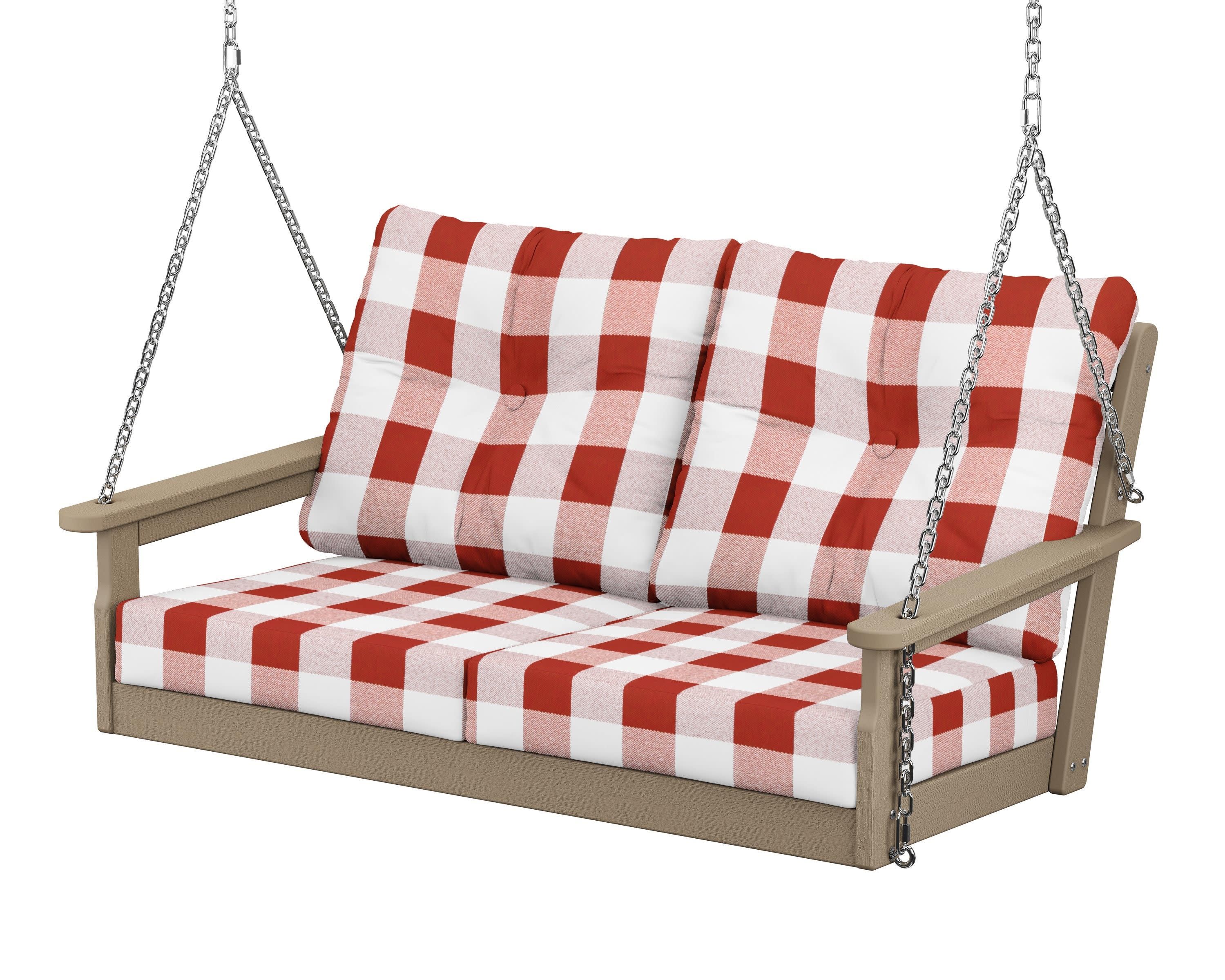 Vineyard Deep Seating Swing in Vintage Sahara / Buffalo Plaid Crimson