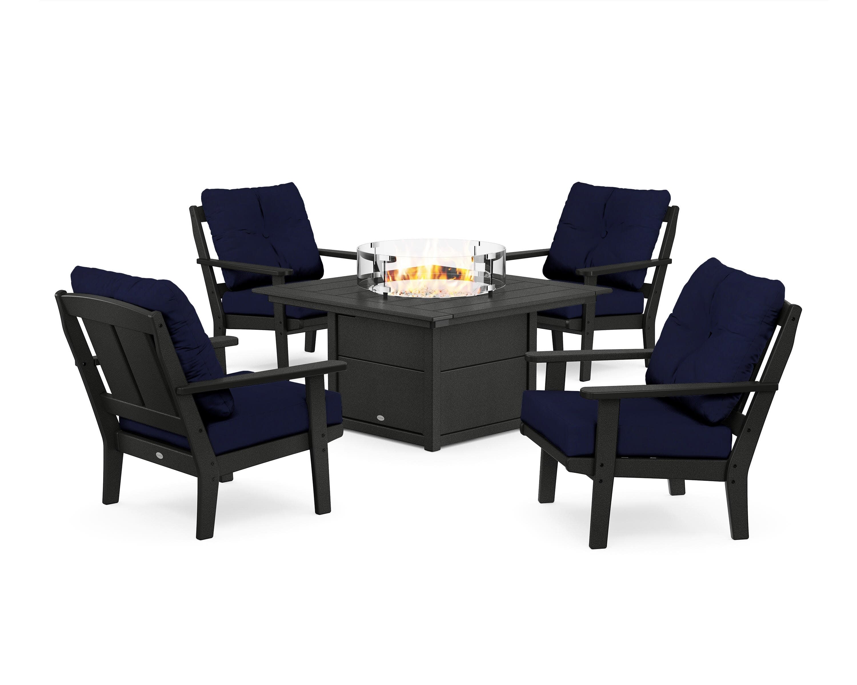 Mission 5-Piece Deep Seating Set with Fire Pit Table in Black / Navy