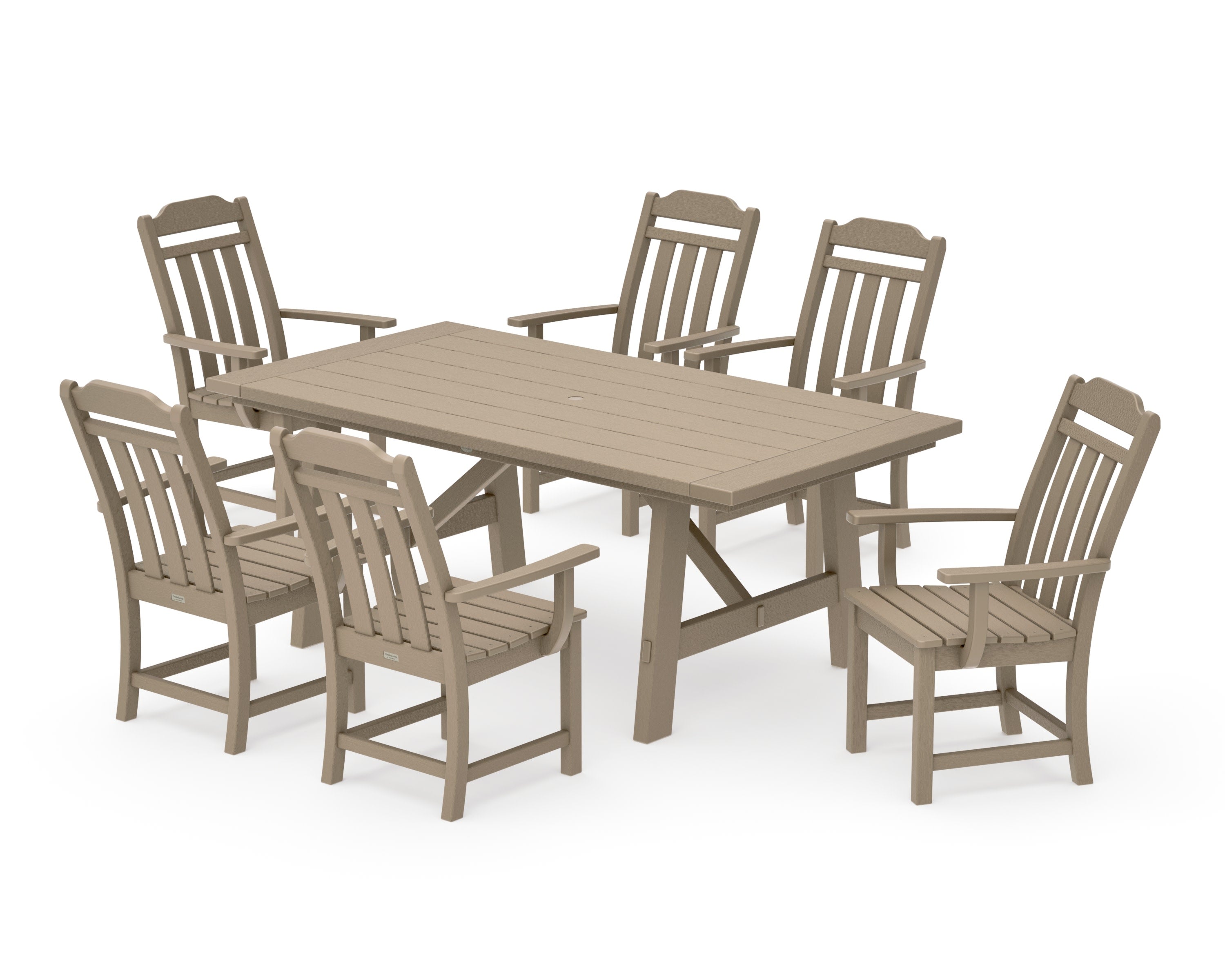 Cottage Arm Chair 7-Piece Rustic Farmhouse Dining Set in Vintage Sahara