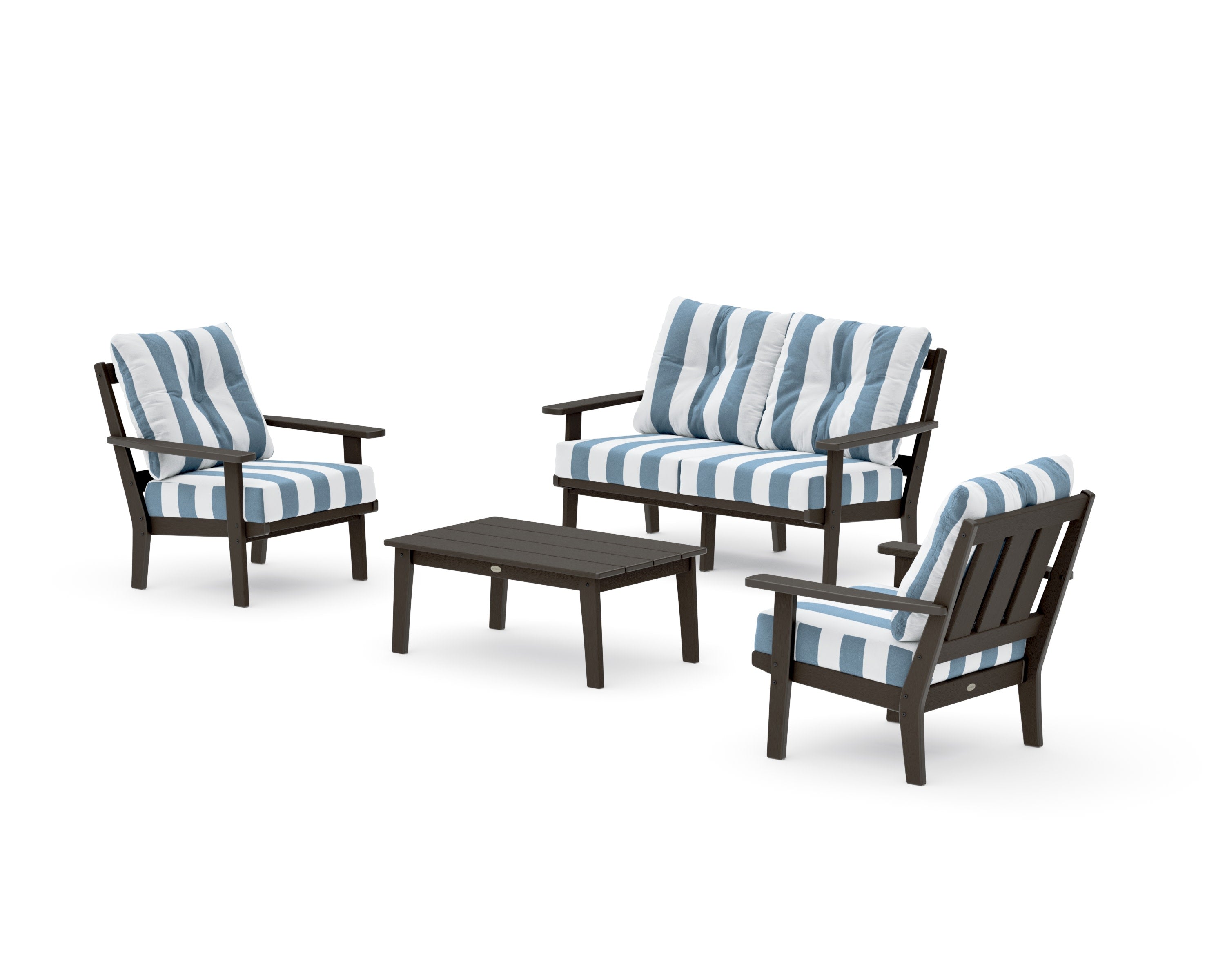 Oxford 4-Piece Deep Seating Set with Loveseat in Vintage Coffee / Cabana Stripe Sky Blue