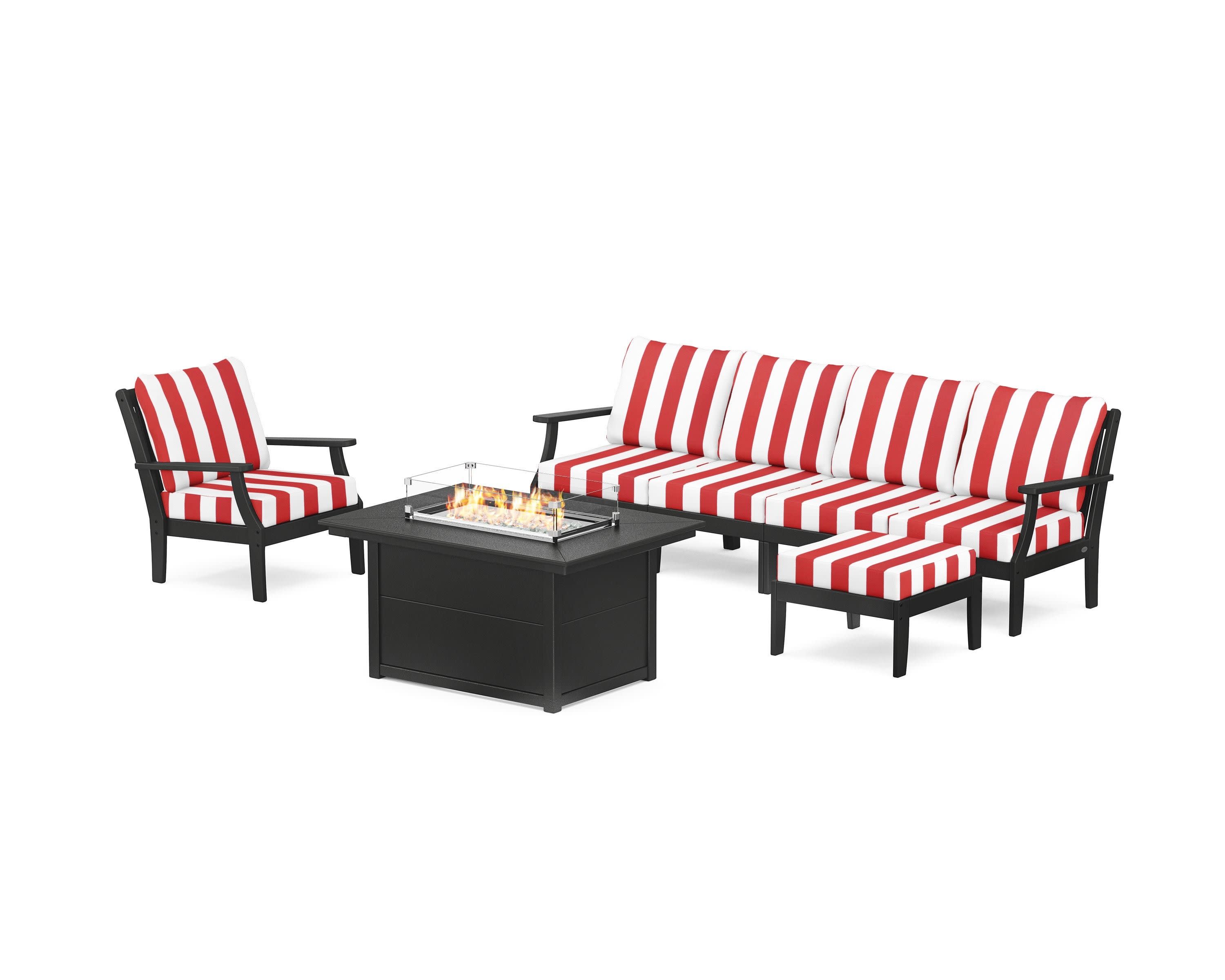 Braxton Sectional Lounge and Fire Pit Set in Black / Cabana Stripe Crimson