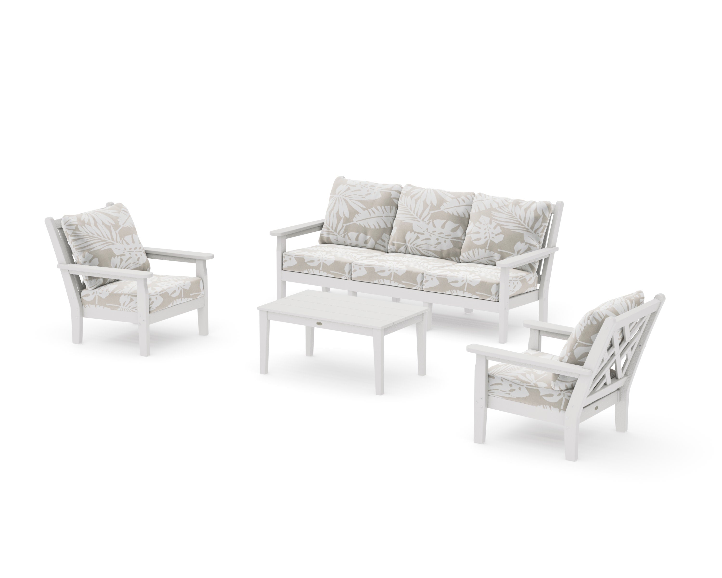 Chippendale 4-Piece Deep Seating Set with Sofa in Vintage White / Leaf Dune Burlap