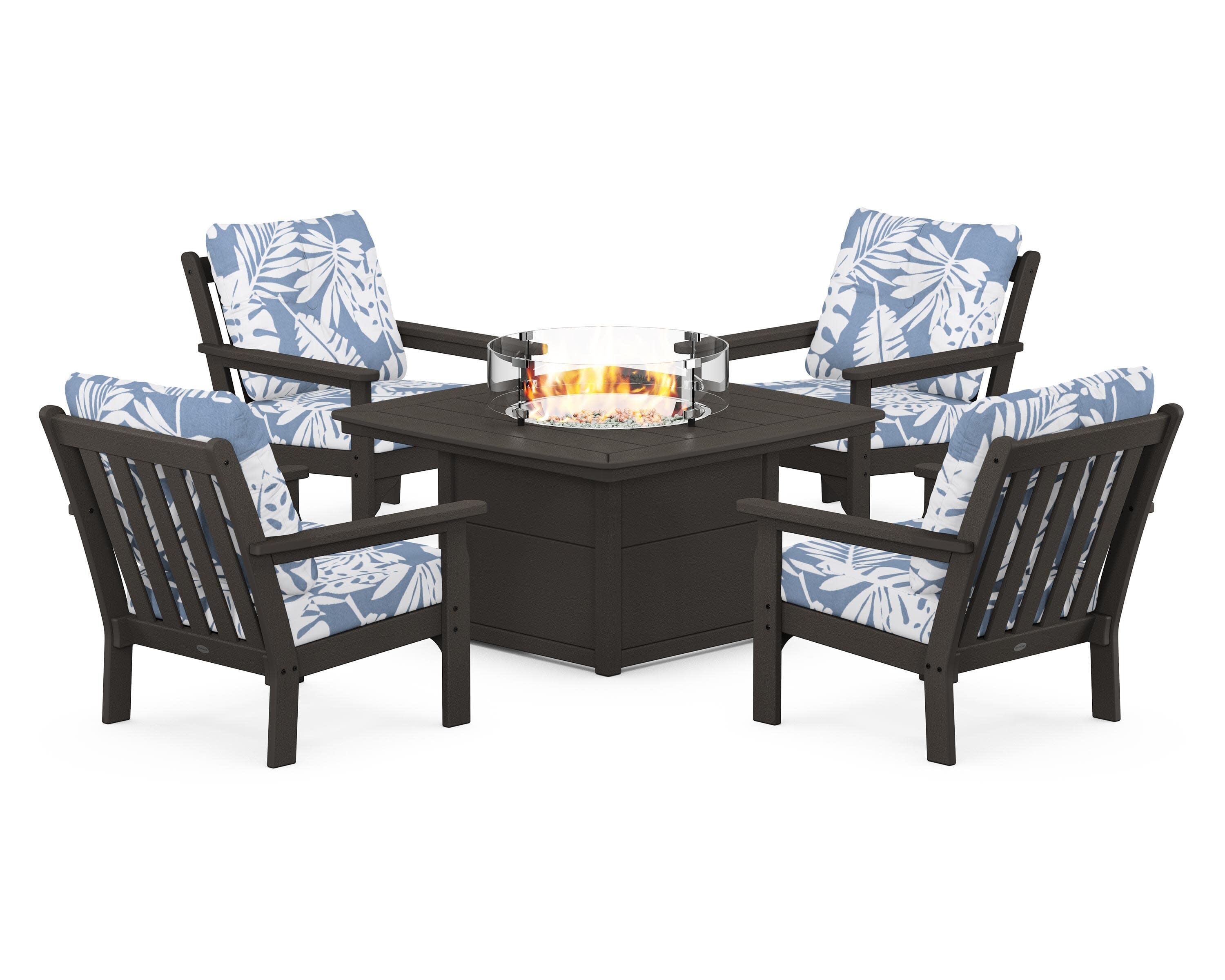 Vineyard 5-Piece Conversation Set with Fire Pit Table in Vintage Coffee / Leaf Sky Blue