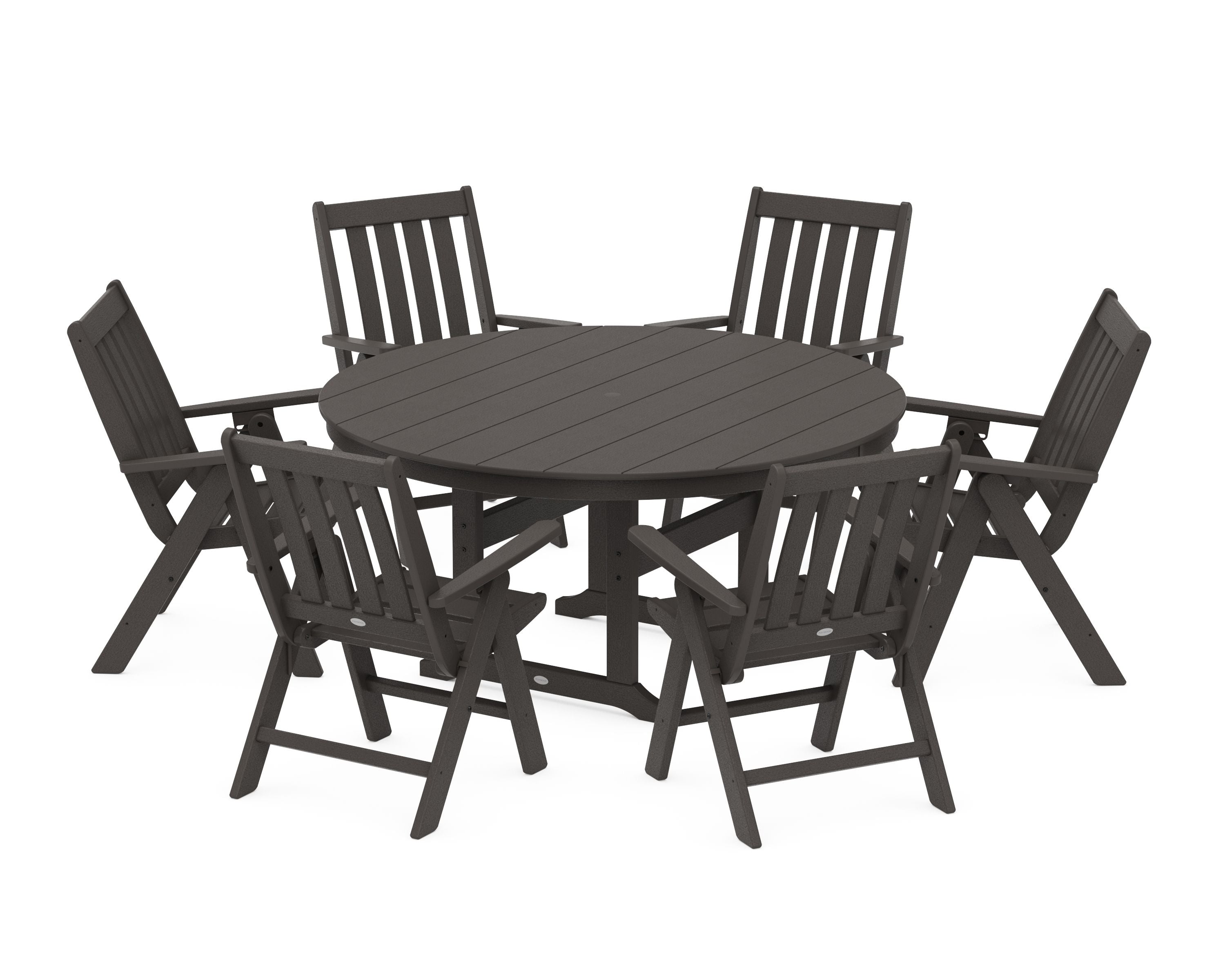 Vineyard 7-Piece Folding Chair Round Farmhouse Dining Set in Vintage Coffee