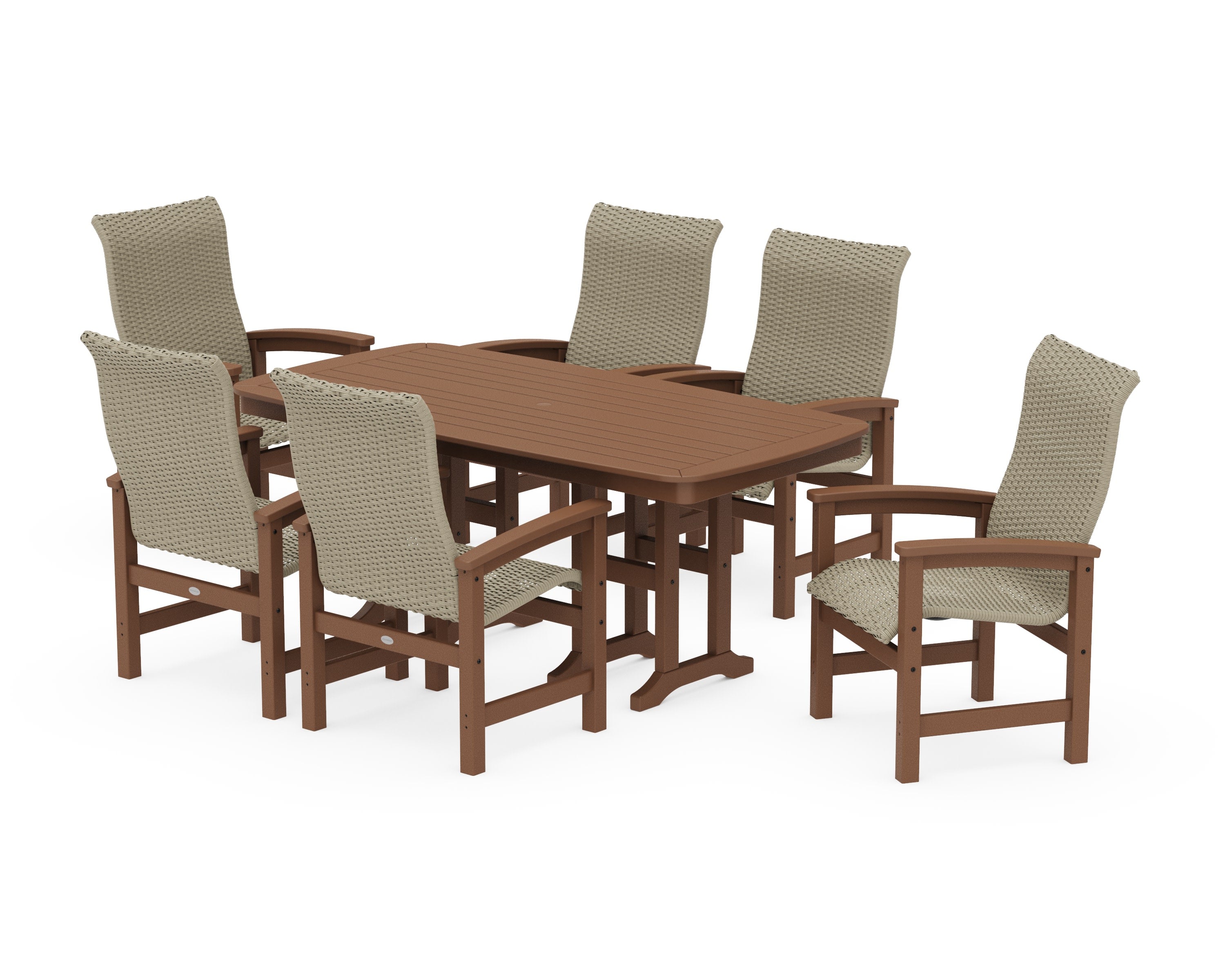 Coastal Woven High-Back Arm Chair 7-Piece Dining Set in Teak / Dune Grass