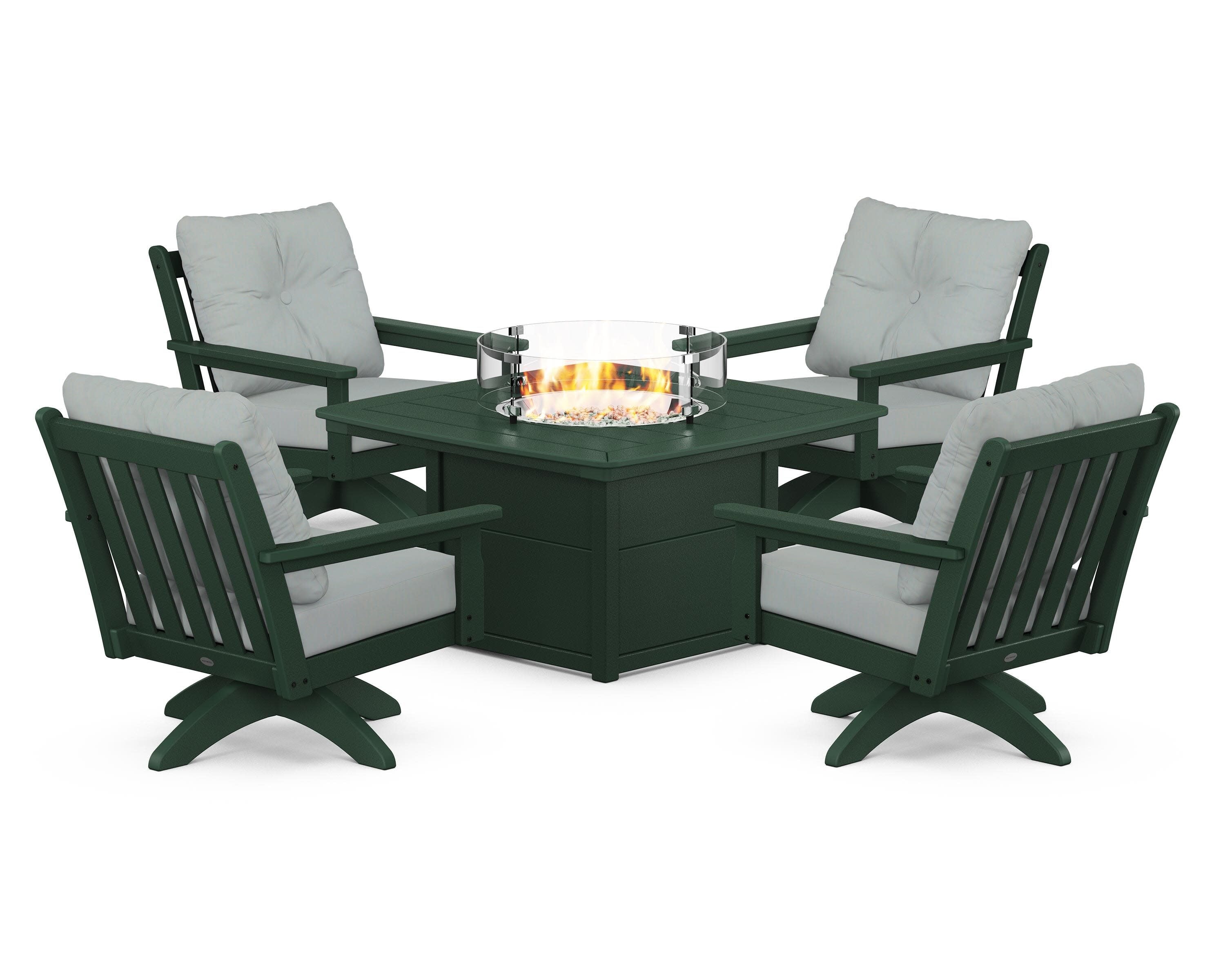 Vineyard 5-Piece Deep Seating Swivel Conversation Set with Fire Pit Table in Green / Spa