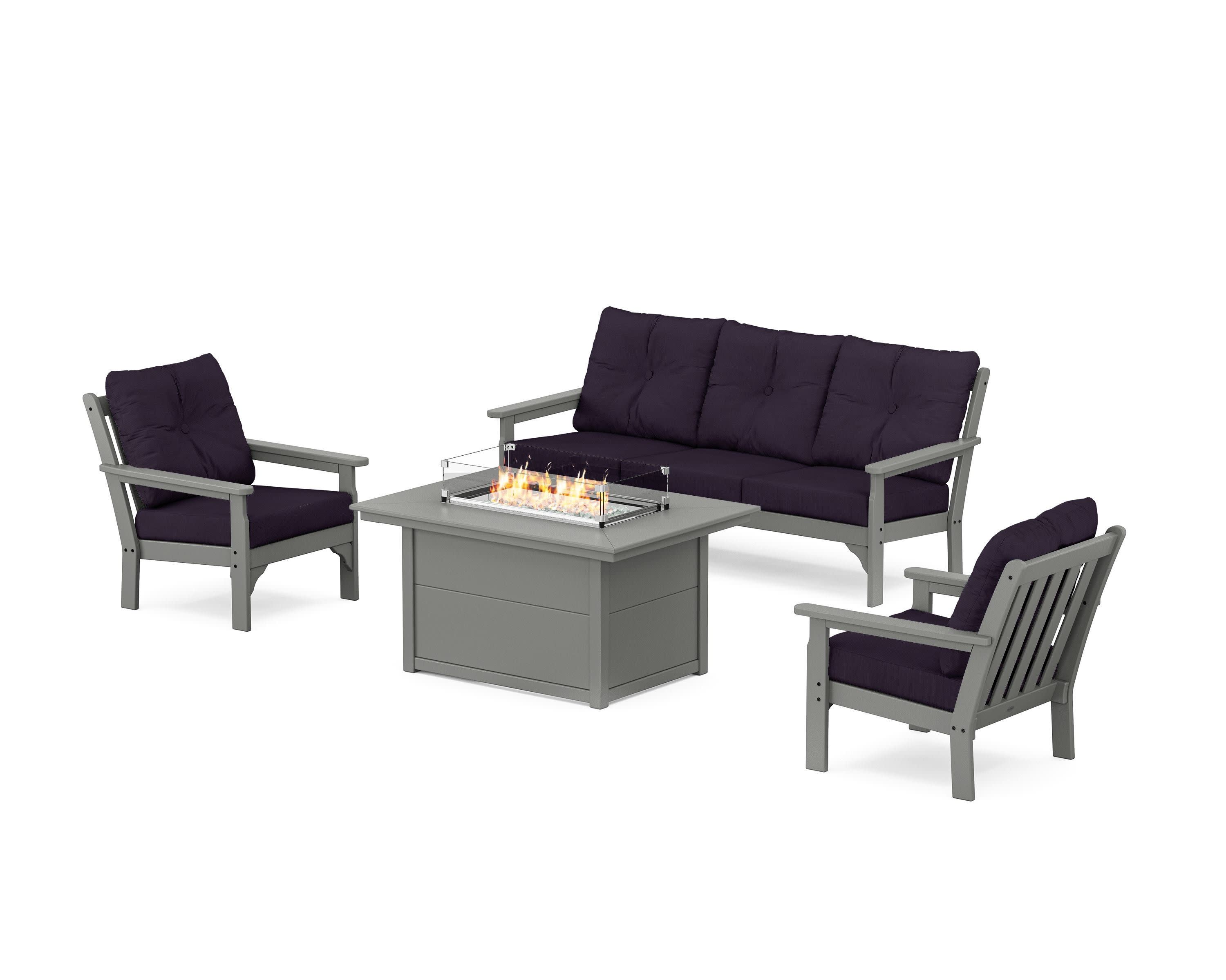 Vineyard Deep Seating Fire Pit Table Set in Slate Grey / Navy Linen