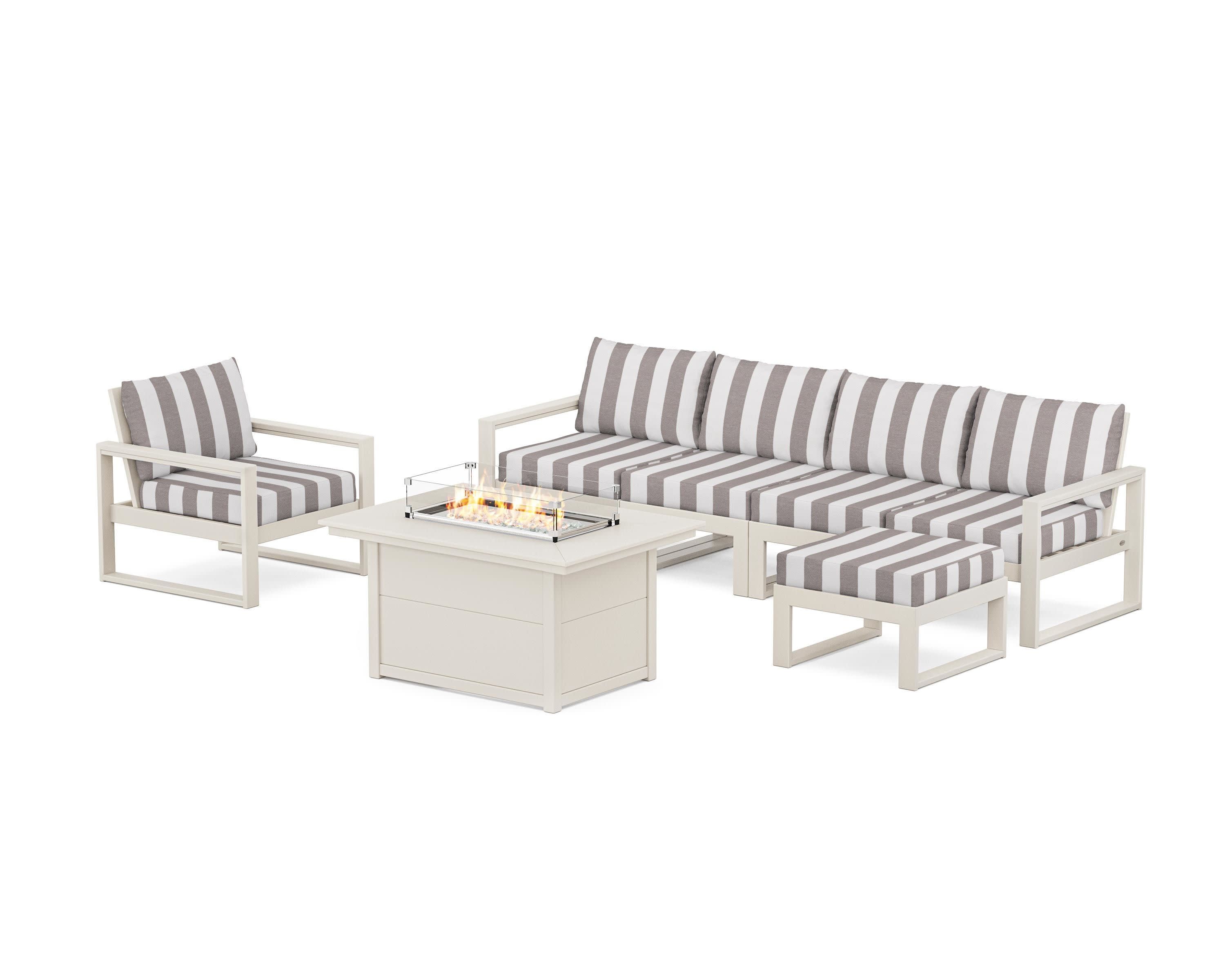 EDGE Sectional Lounge and Fire Pit Set in Sand / Cabana Stripe Grey Mist