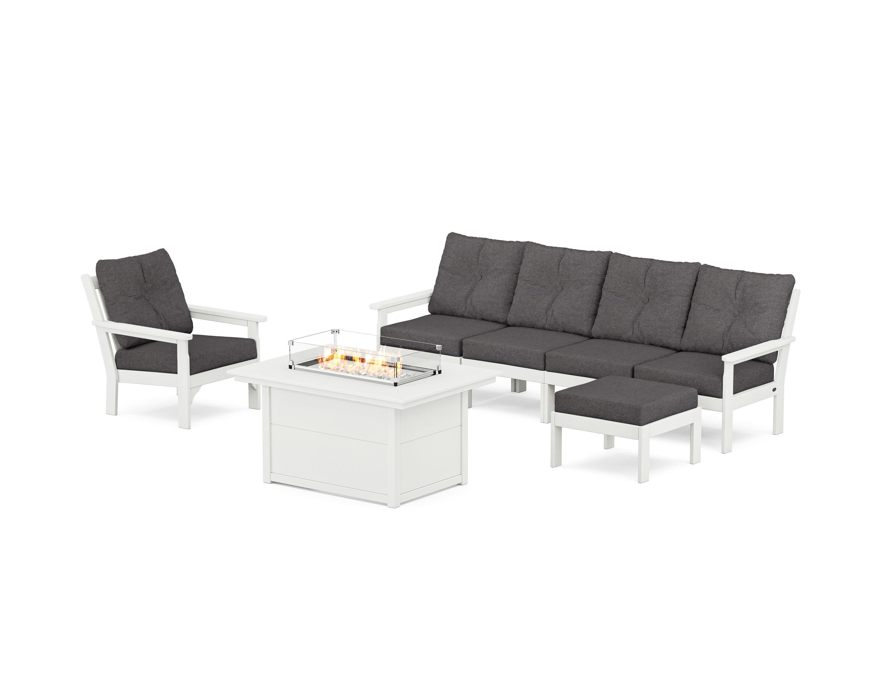 Vineyard Sectional Lounge and Fire Pit Set in Vintage White / Ash Charcoal