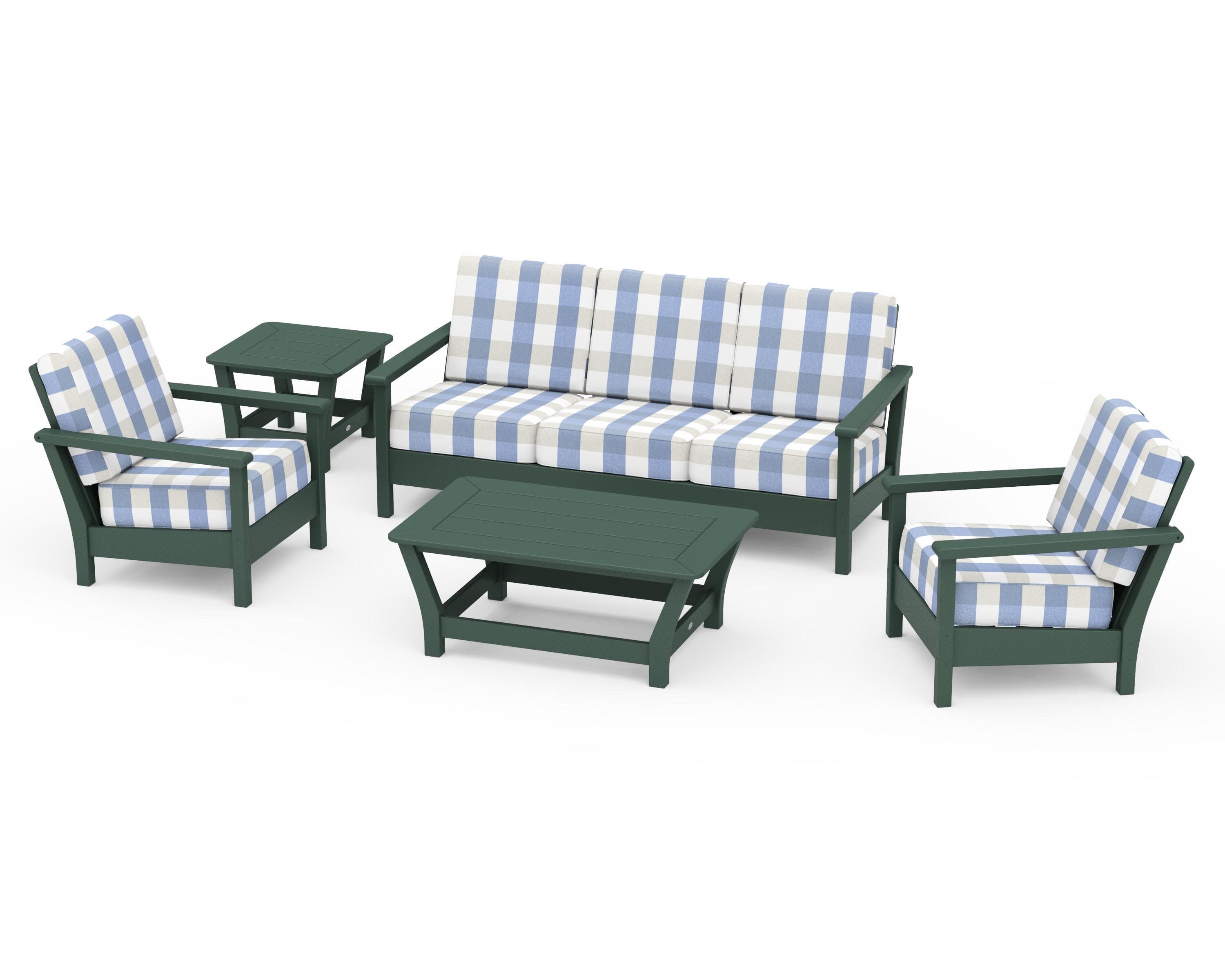 Harbour 5-Piece Deep Seating Set in Green / Buffalo Plaid Sky Blue
