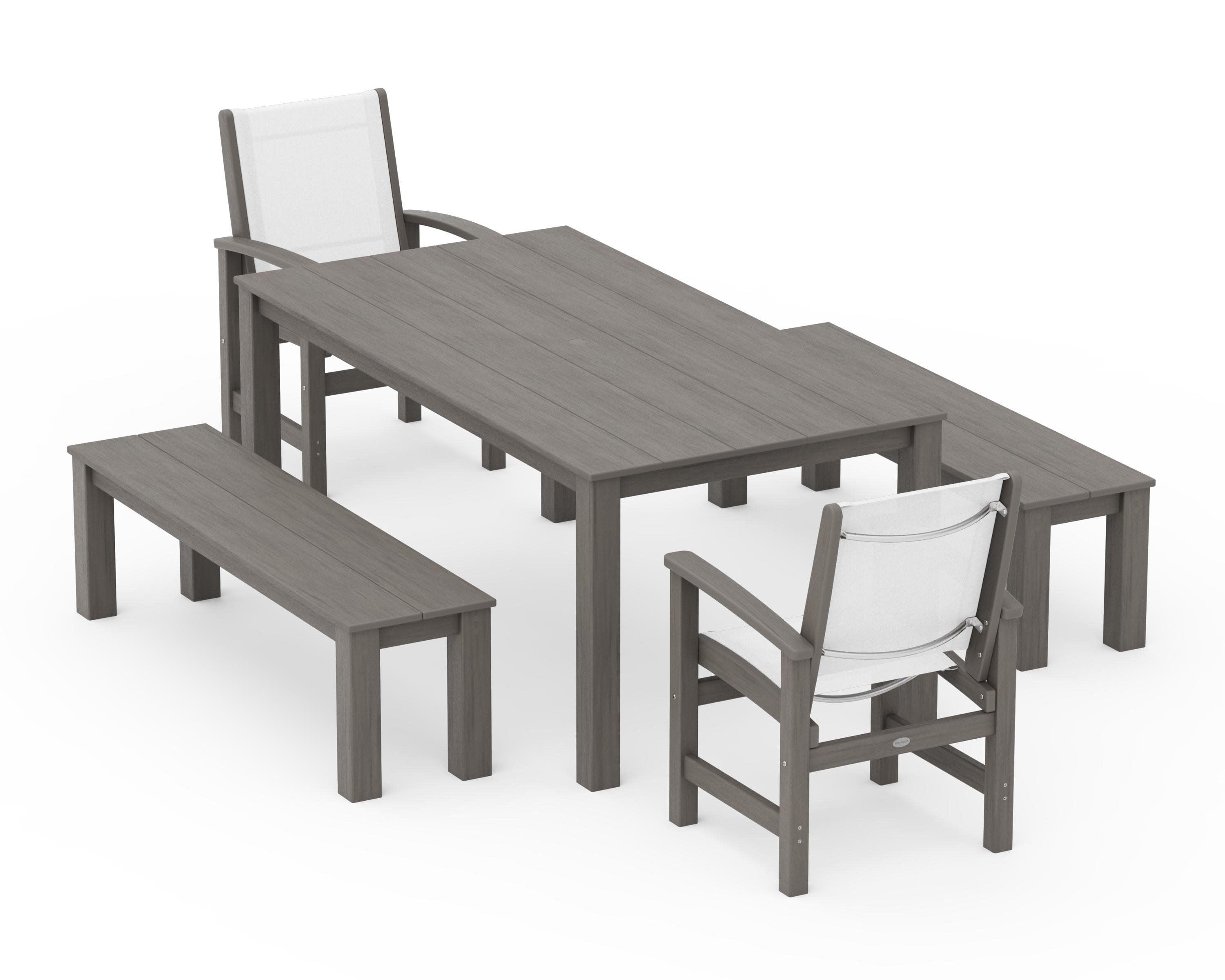 Coastal 5-Piece Parsons Dining Set with Benches in Driftwood / White Sling