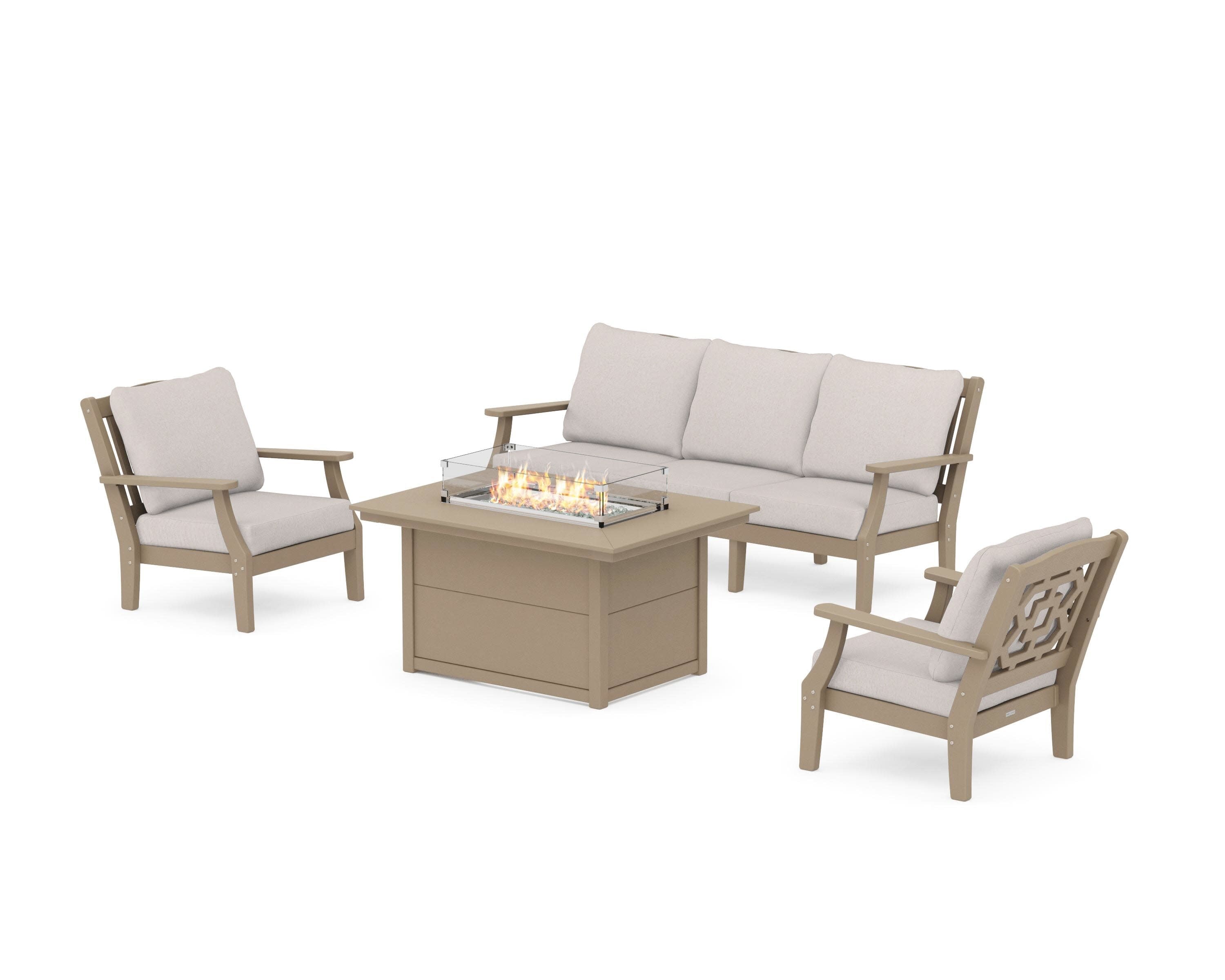 Chinoiserie Deep Seating Fire Pit Table Set in Vintage Sahara / Dune Burlap