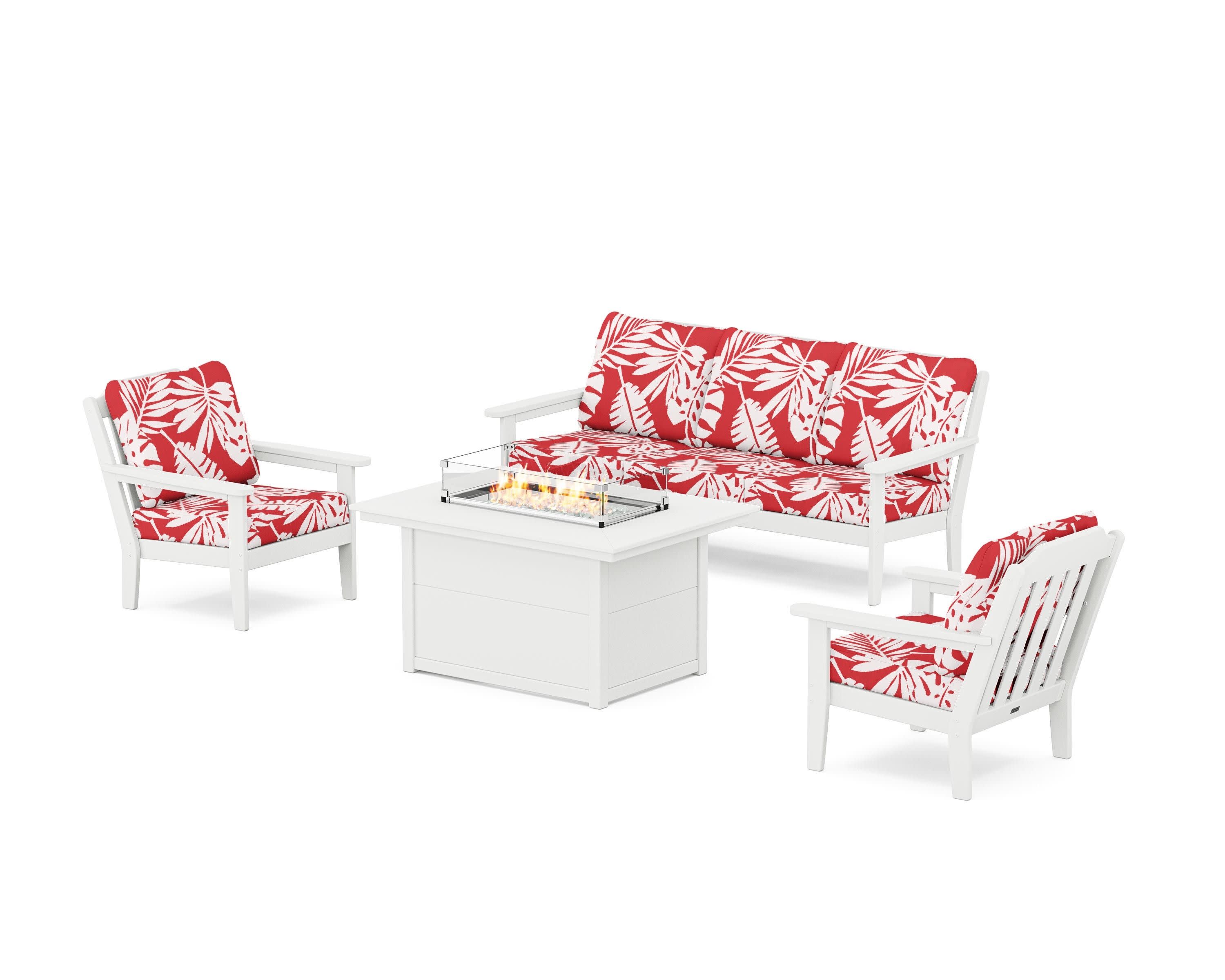 Cottage Deep Seating Fire Pit Table Set in White / Leaf Crimson