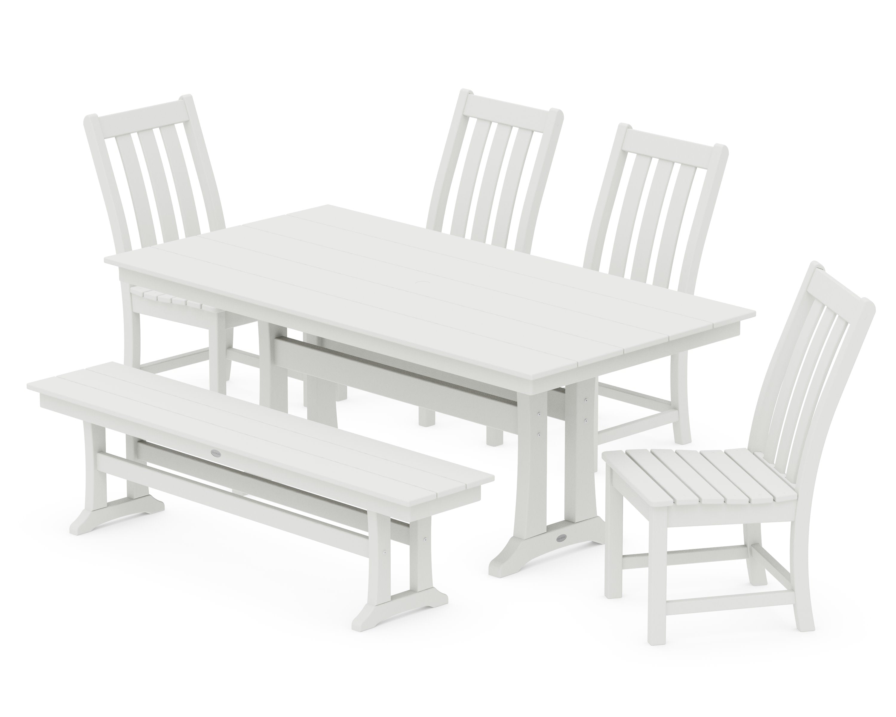 Vineyard Side Chair 6-Piece Farmhouse Dining Set with Trestle Legs and Bench in Vintage White
