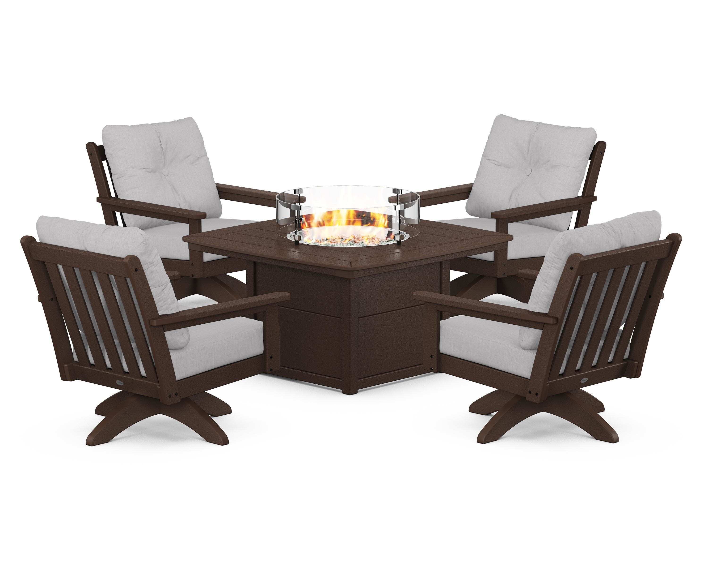 Vineyard 5-Piece Deep Seating Swivel Conversation Set with Fire Pit Table in Mahogany / Granite