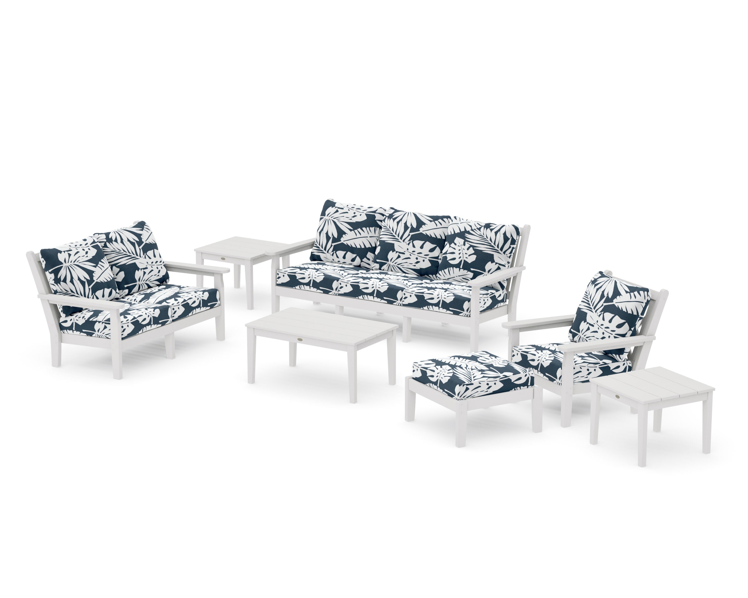 Chippendale 7-Piece Deep Seating Set in Vintage White / Leaf Marine Indigo